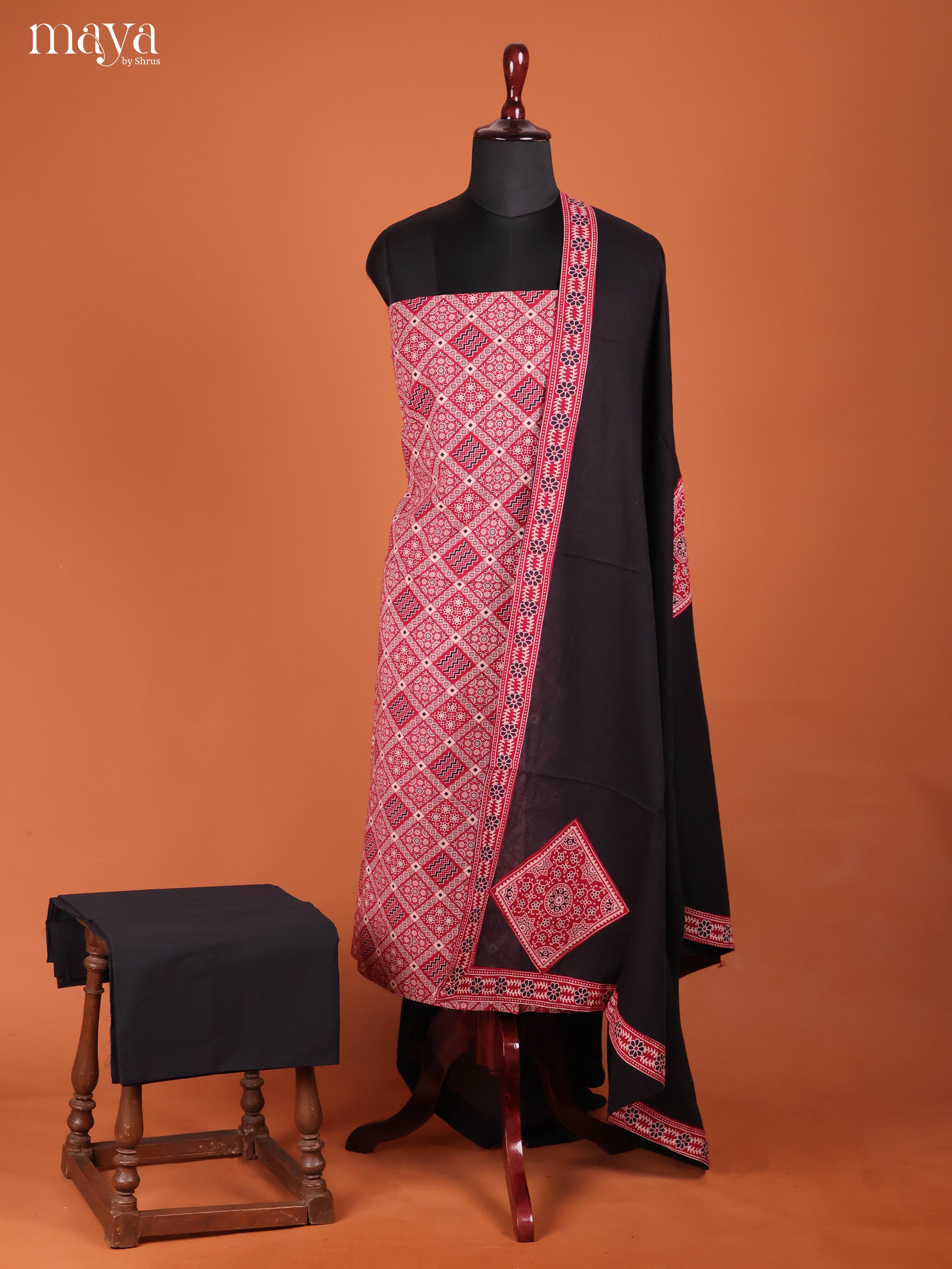 Red & Black-Ajrakh Salwar Unstitch