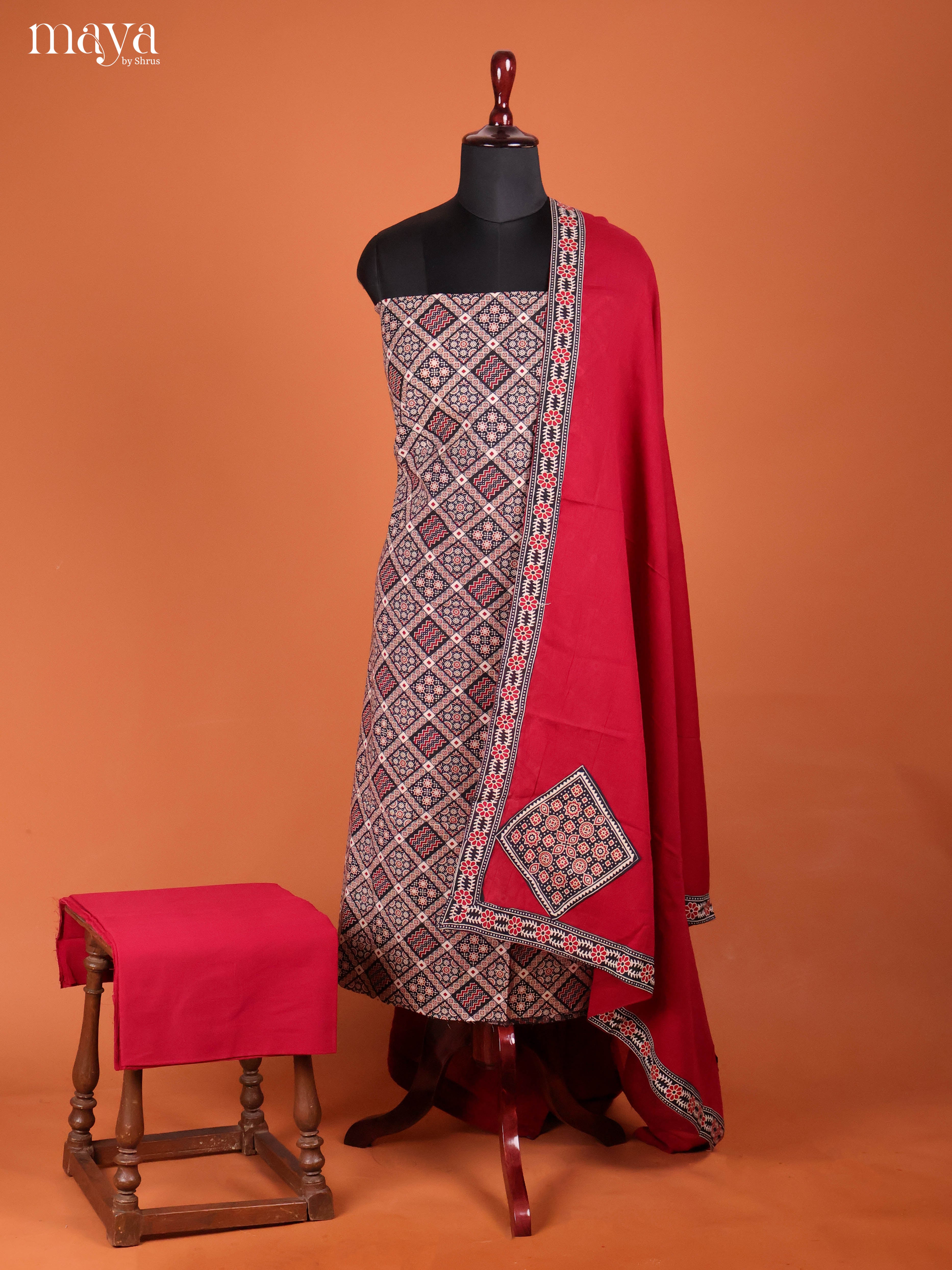 Black & Red-Ajrakh Salwar Unstitch