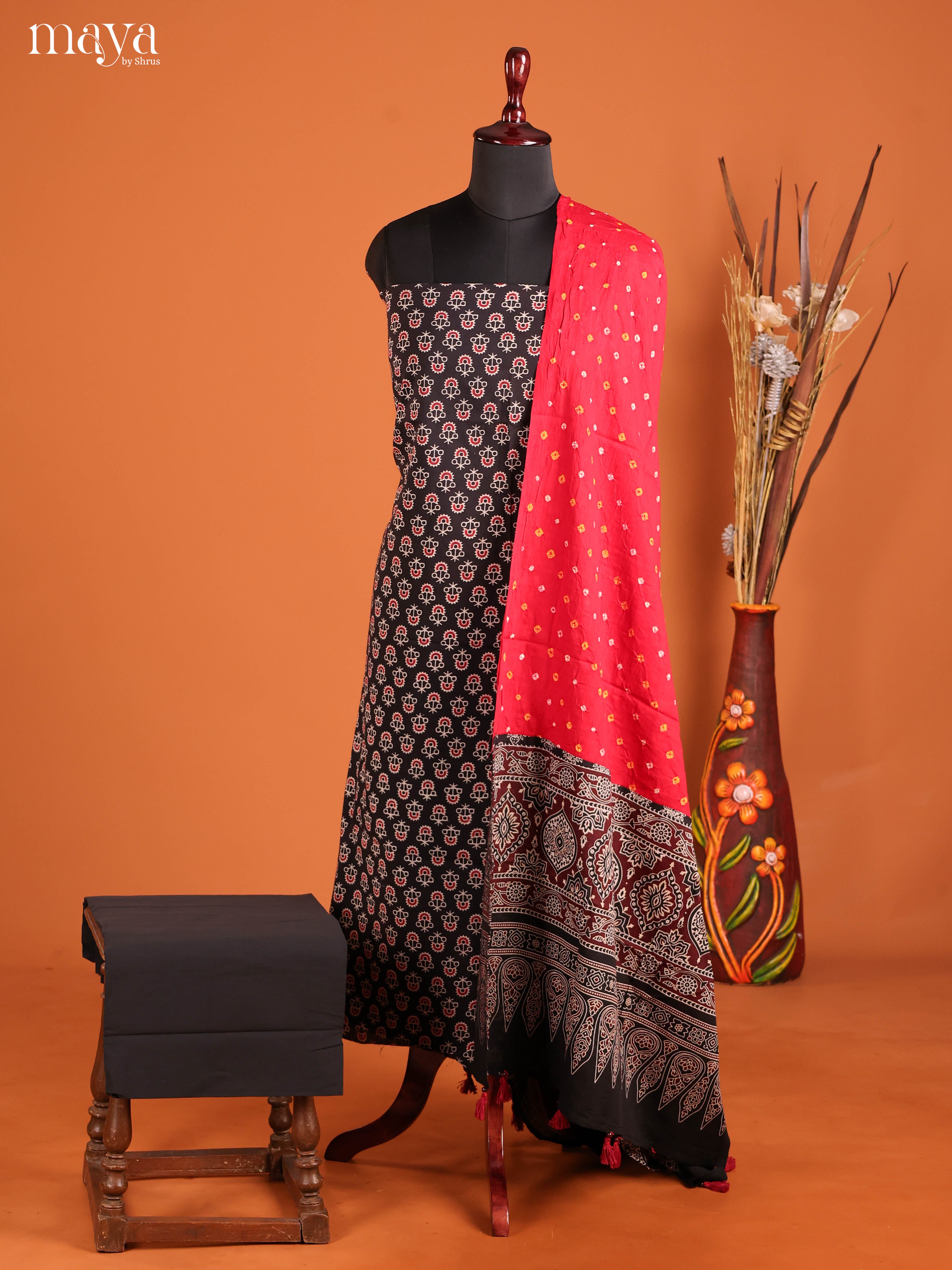 Black & Red-Ajrakh Salwar Unstitch