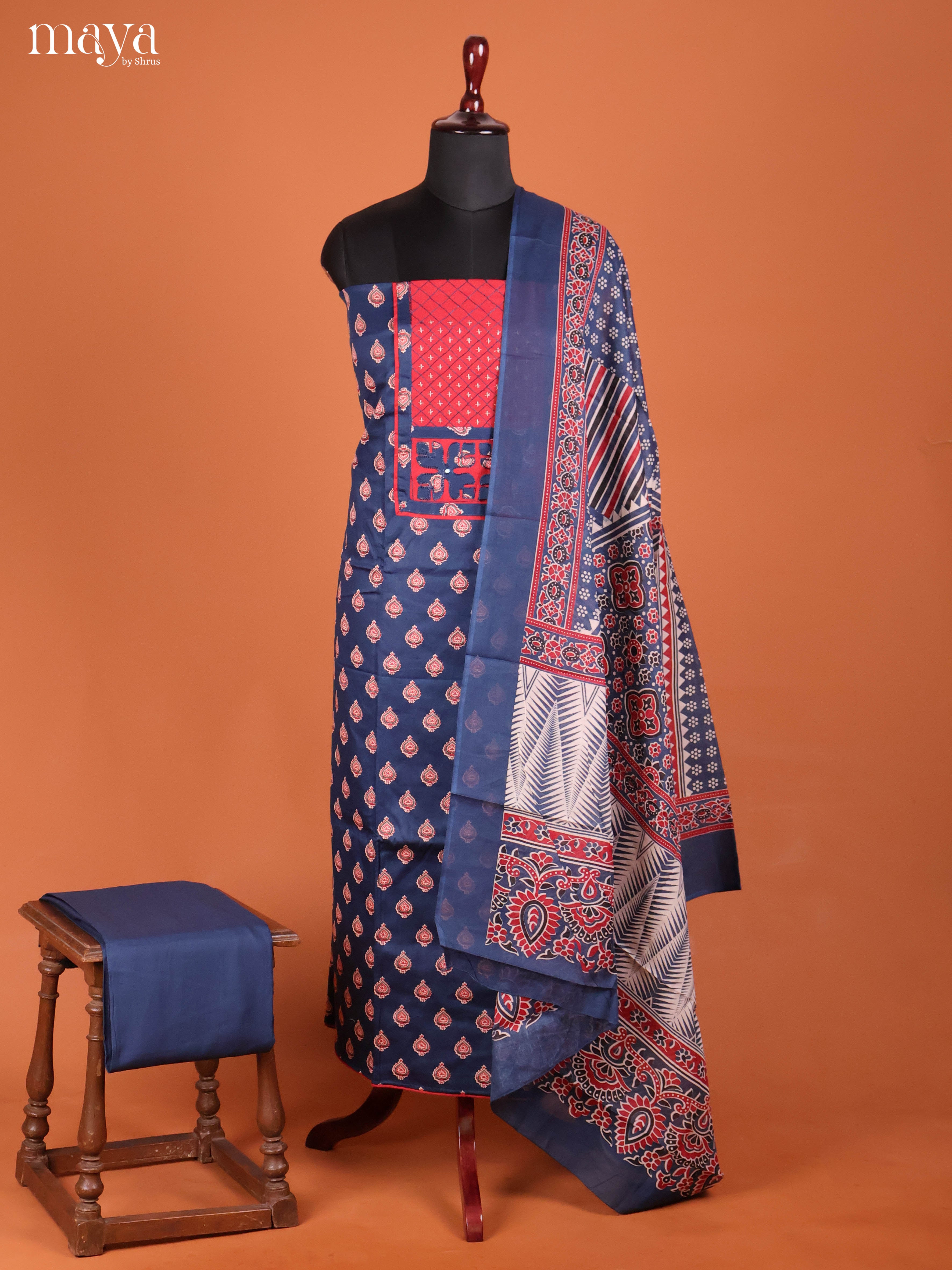 Blue & Red -Ajrakh Salwar Unstitch
