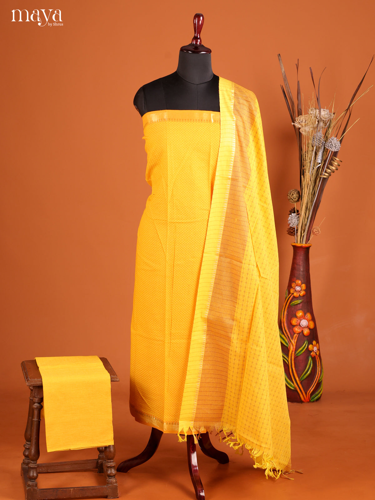 Luminous Yellow Woven Cotton Salwar Set With Micro Dots