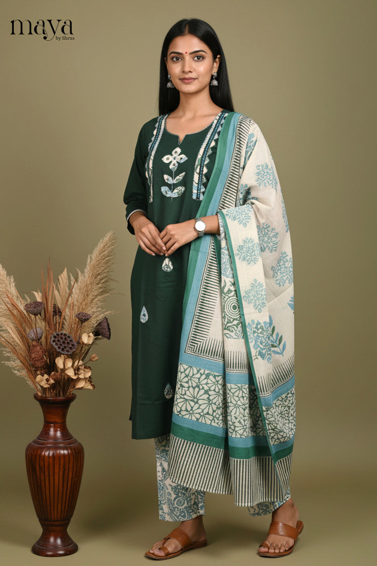 Green & Cream Floral Readymade 3 Piece Salwar Suit