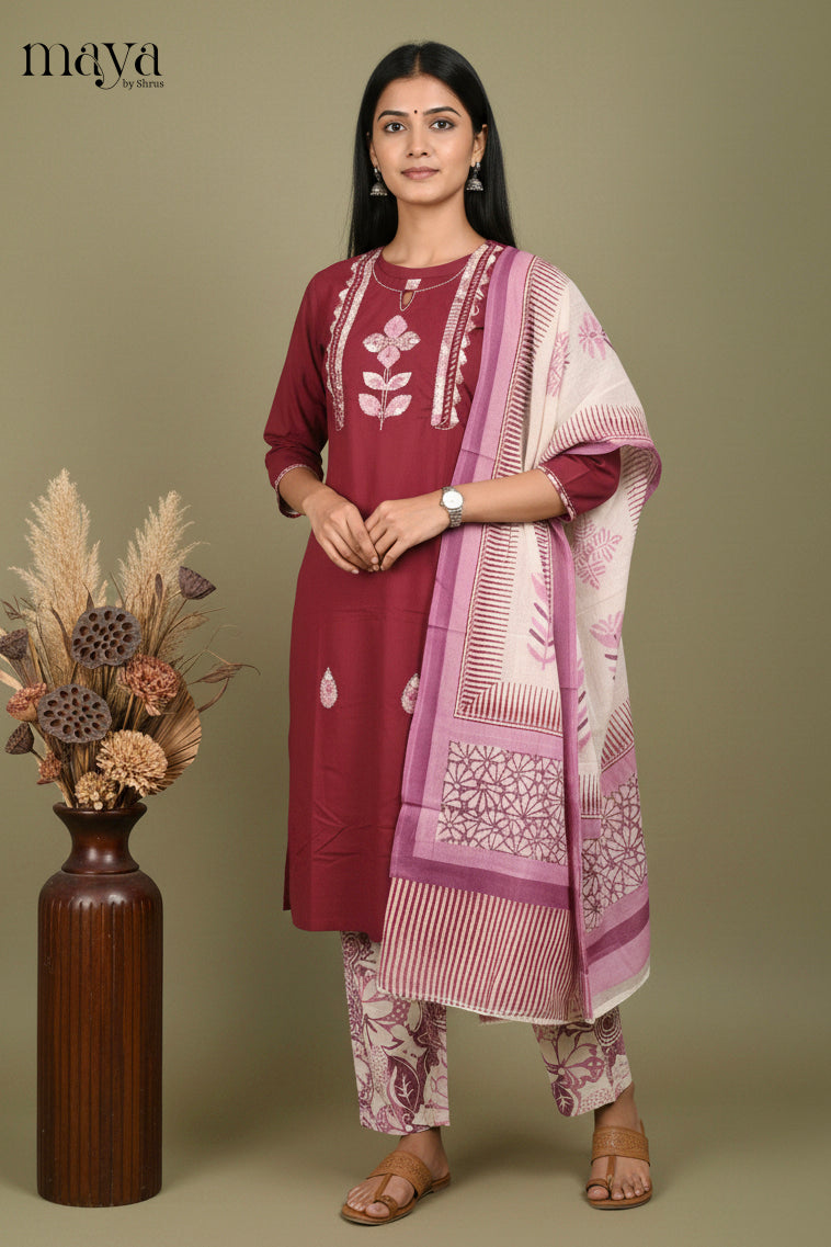 Maroon & Purple Floral Readymade 3 Piece Salwar Suit