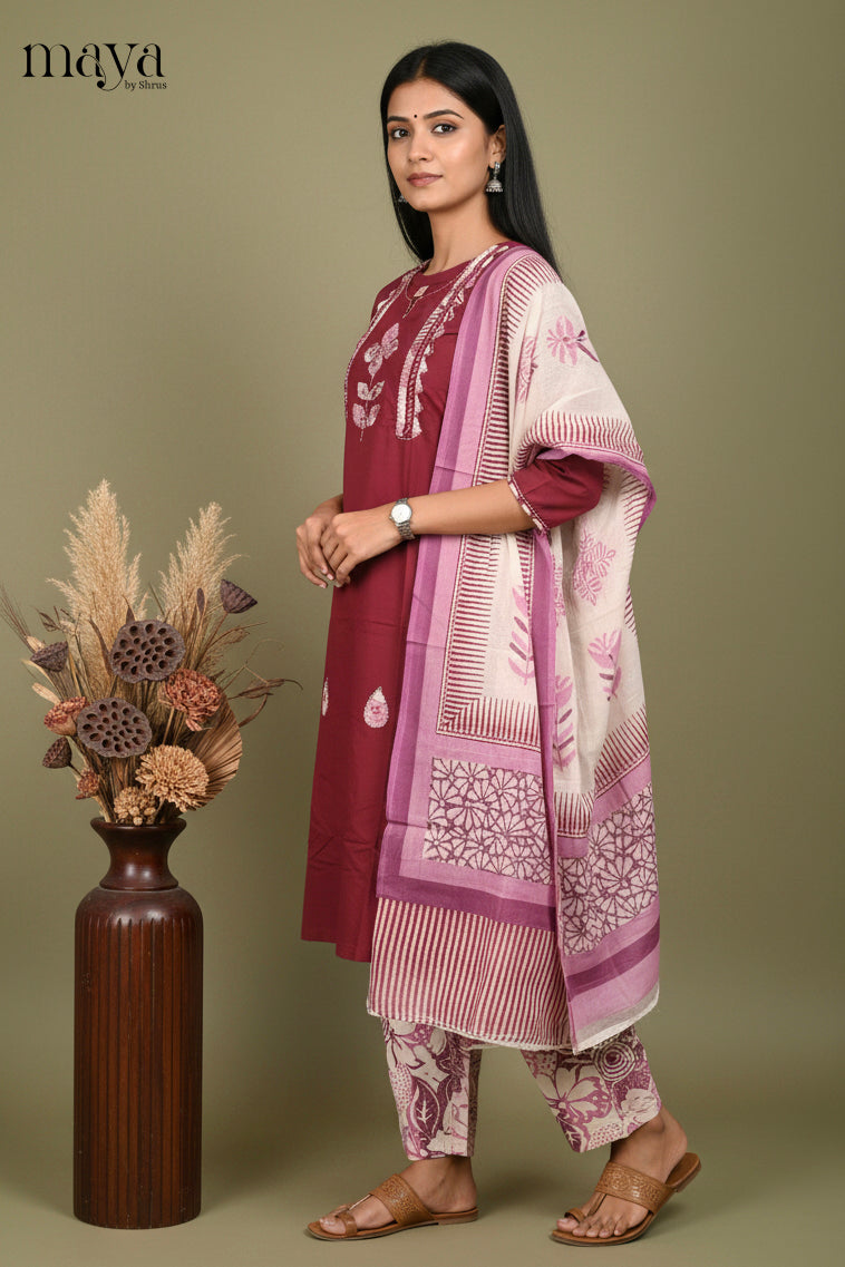 Maroon & Purple Floral Readymade 3 Piece Salwar Suit