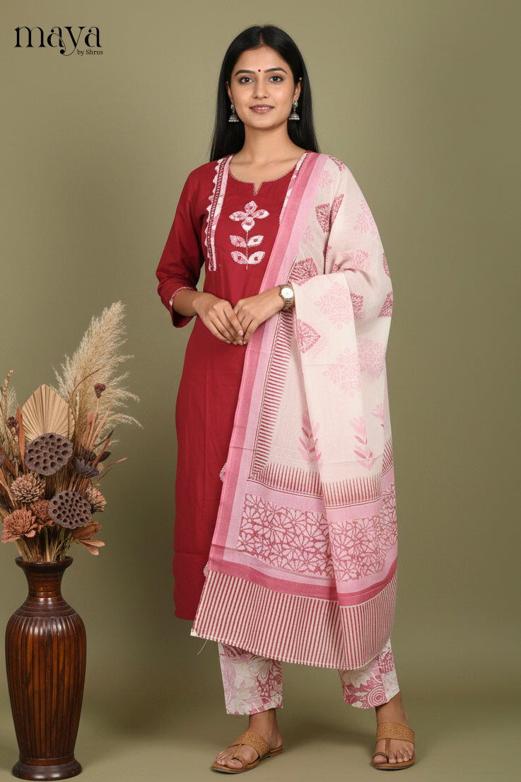 Red & Pink Floral Readymade 3 Piece Salwar Suit