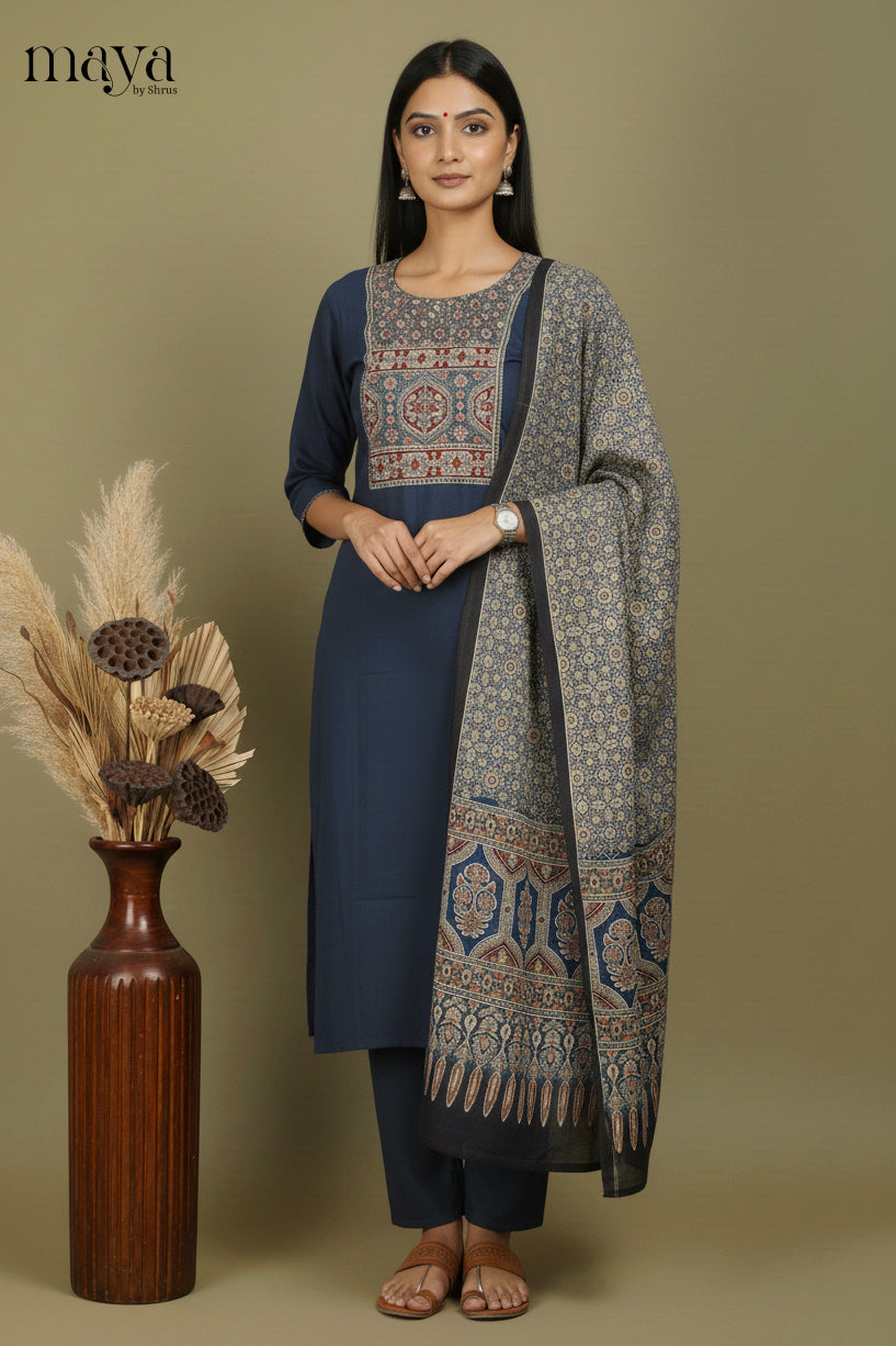 Blue -Ajrakh Printed Readymade 3 Piece Salwar
