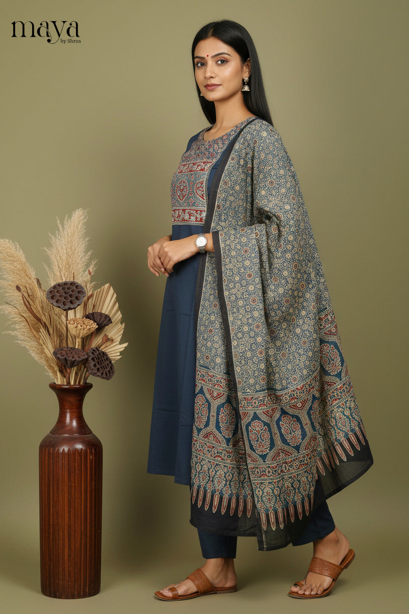 Blue -Ajrakh Printed Readymade 3 Piece Salwar