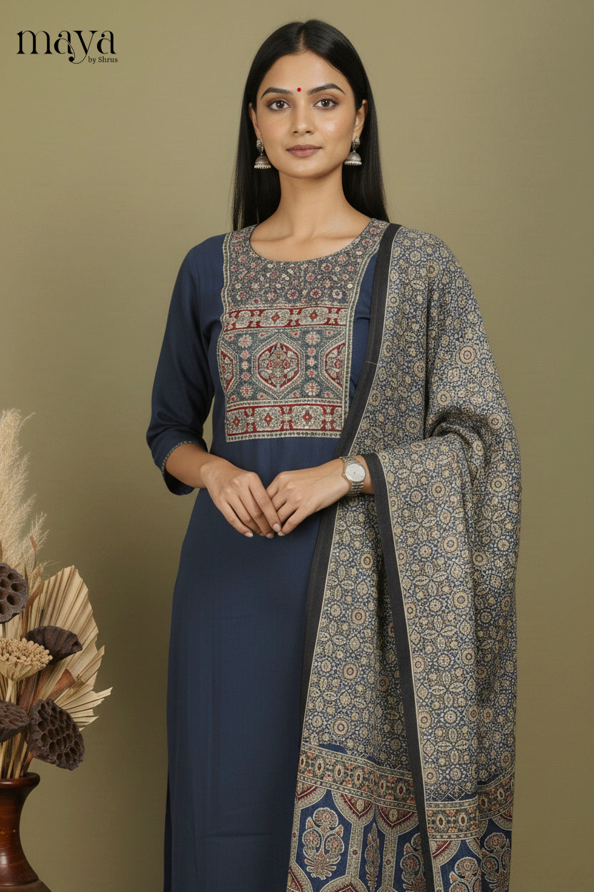 Blue -Ajrakh Printed Readymade 3 Piece Salwar