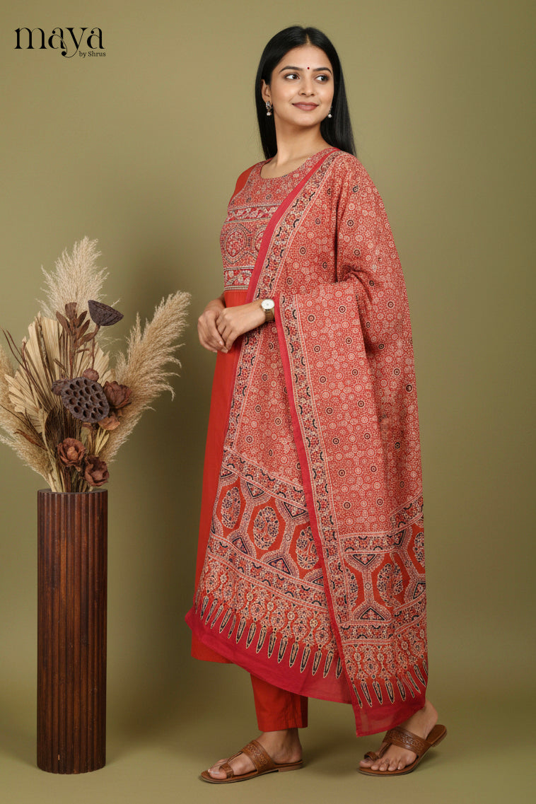 Red Ajrakh Printed Readymade 3 Piece Salwar Suit