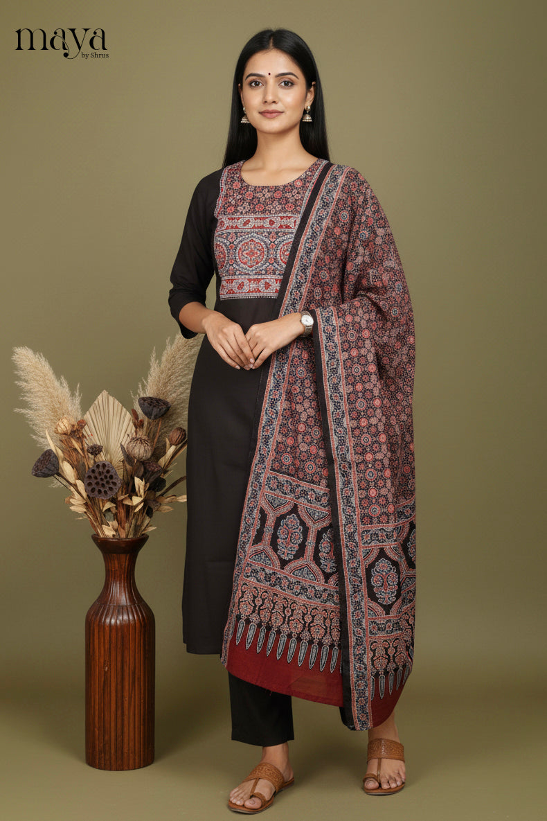 Black Ajrakh Printed Readymade 3 Piece Salwar