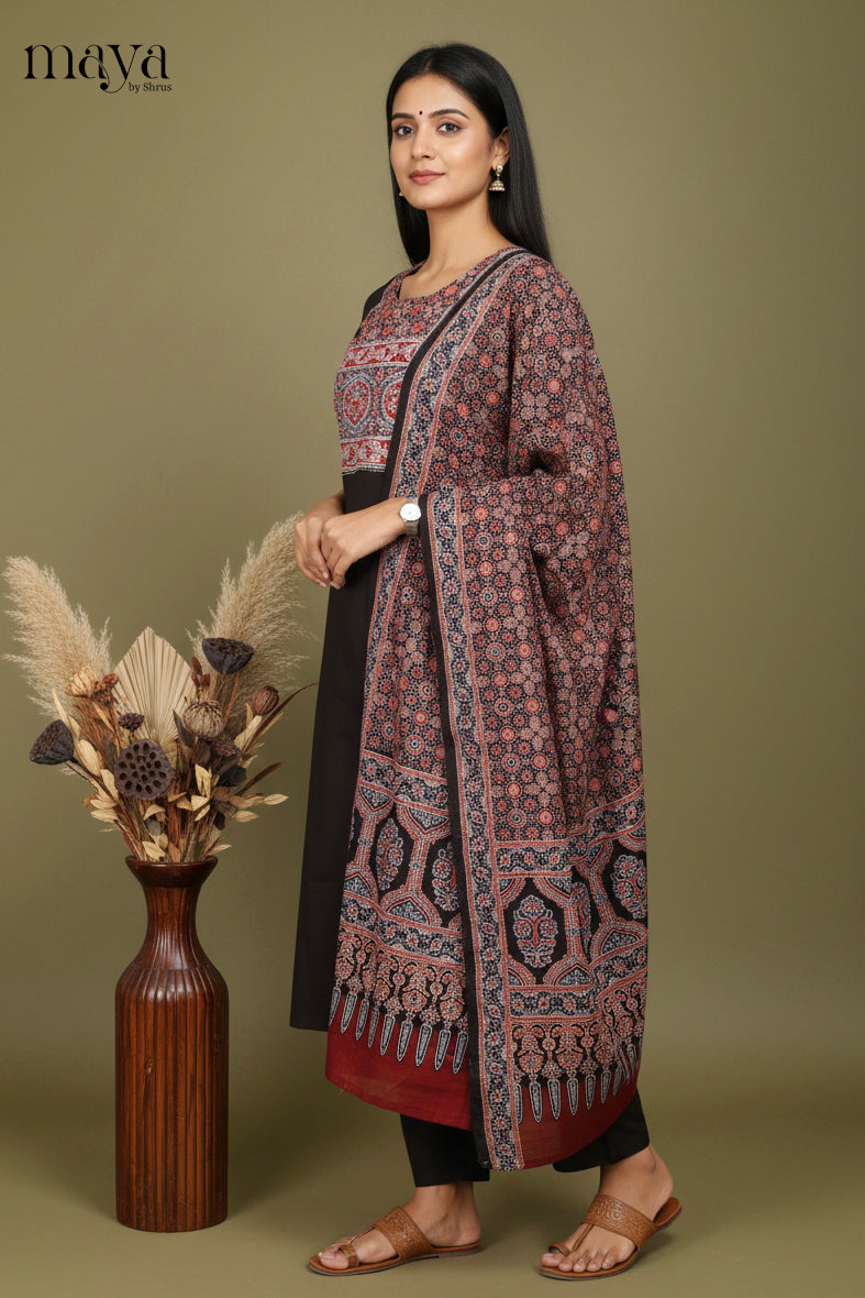 Black Ajrakh Printed Readymade 3 Piece Salwar