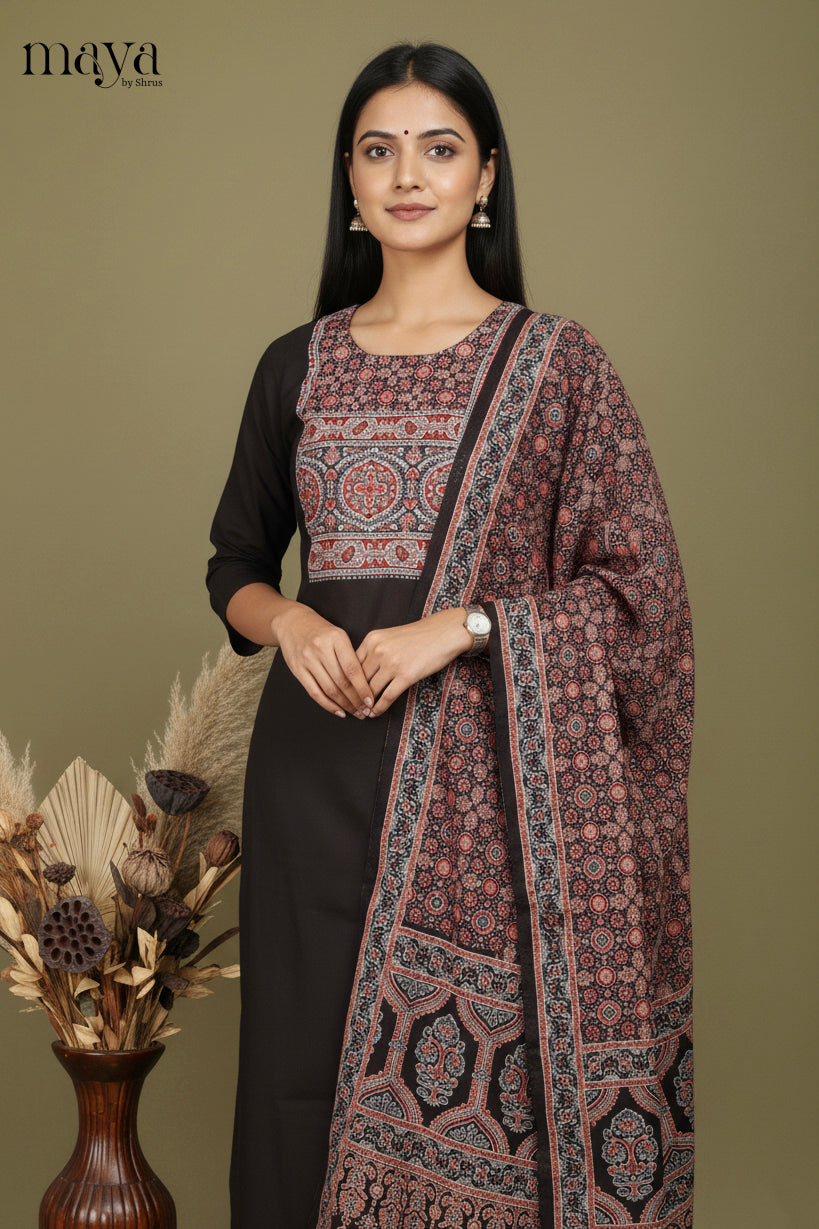 Black Ajrakh Printed Readymade 3 Piece Salwar