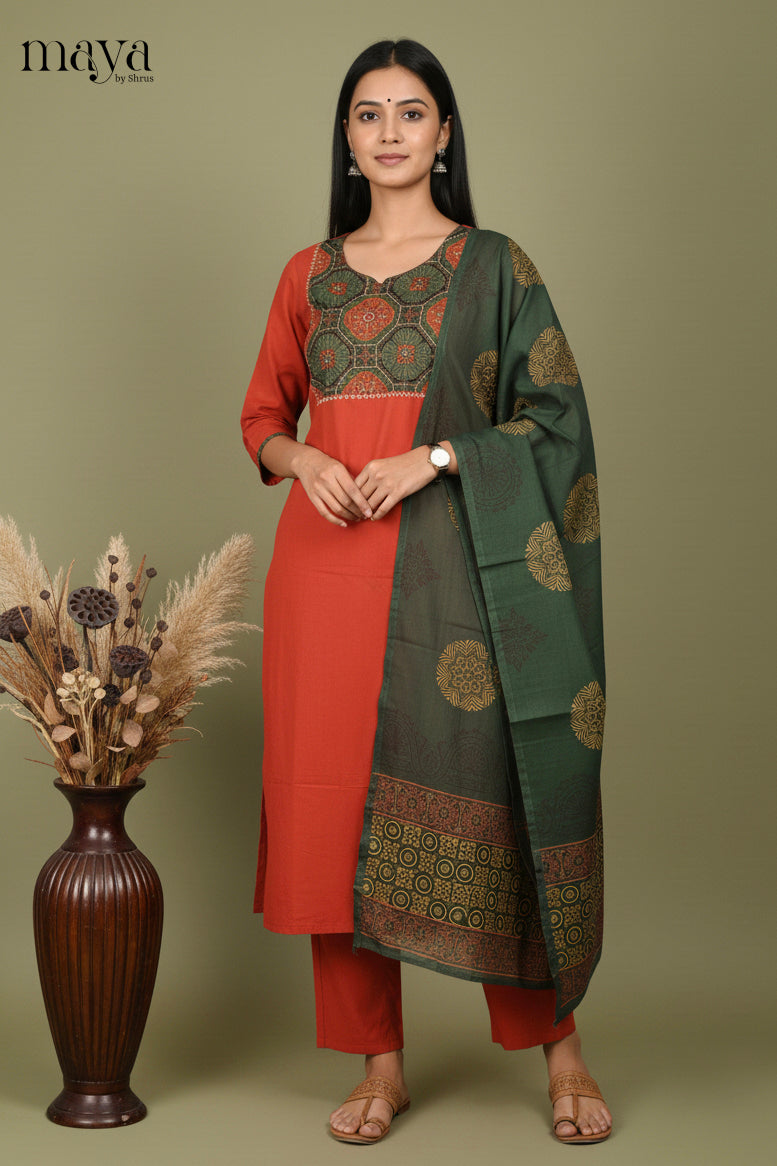 Orange & Green Ajrakh Printed Readymade 3 Piece Salwar Suit