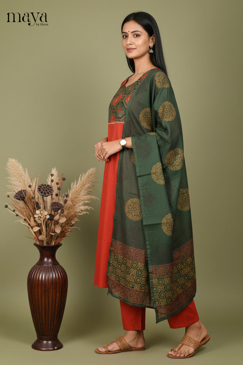 Orange & Green Ajrakh Printed Readymade 3 Piece Salwar Suit
