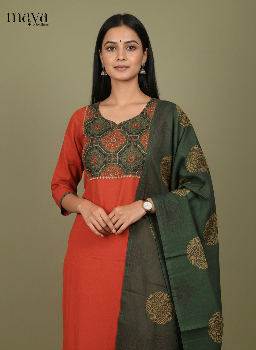Orange & Green Ajrakh Printed Readymade 3 Piece Salwar Suit
