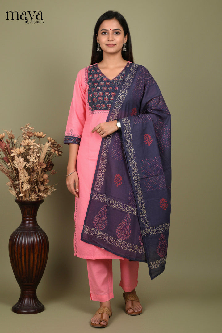 Pink & Blue Ajrakh Printed Readymade 3 Piece Salwar