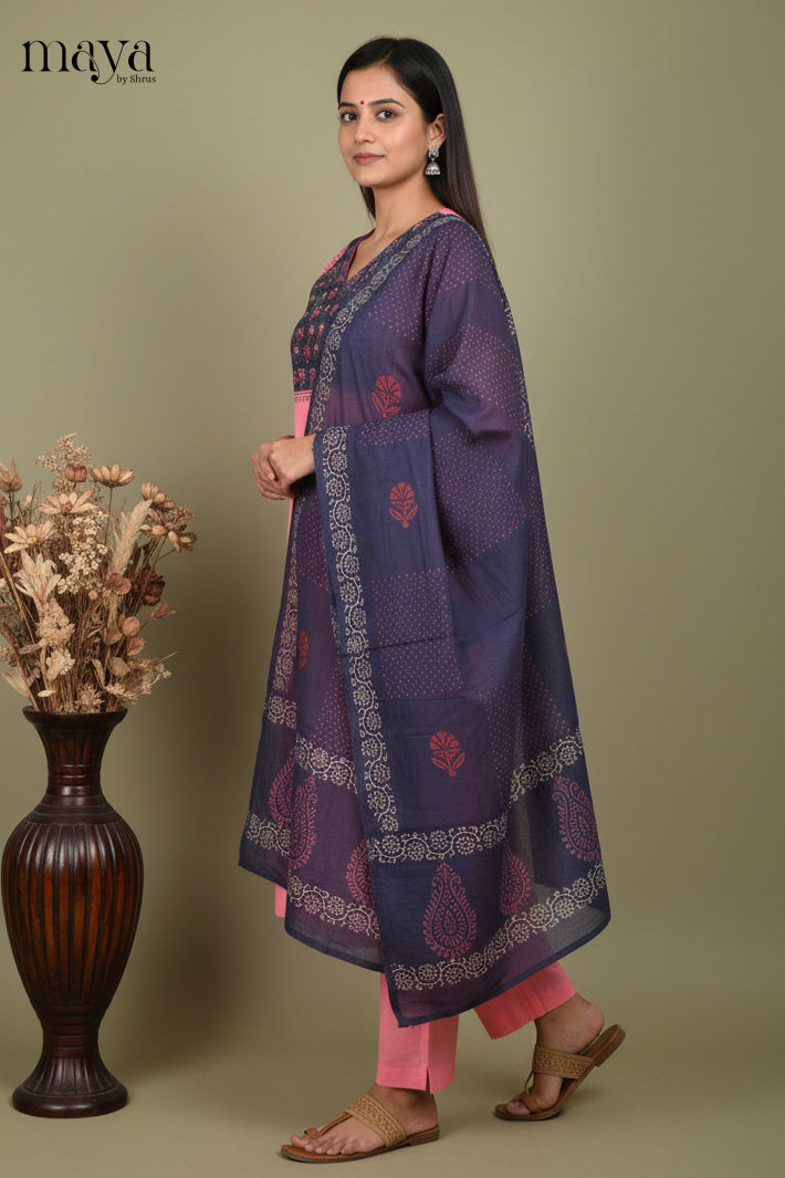 Pink & Blue Ajrakh Printed Readymade 3 Piece Salwar