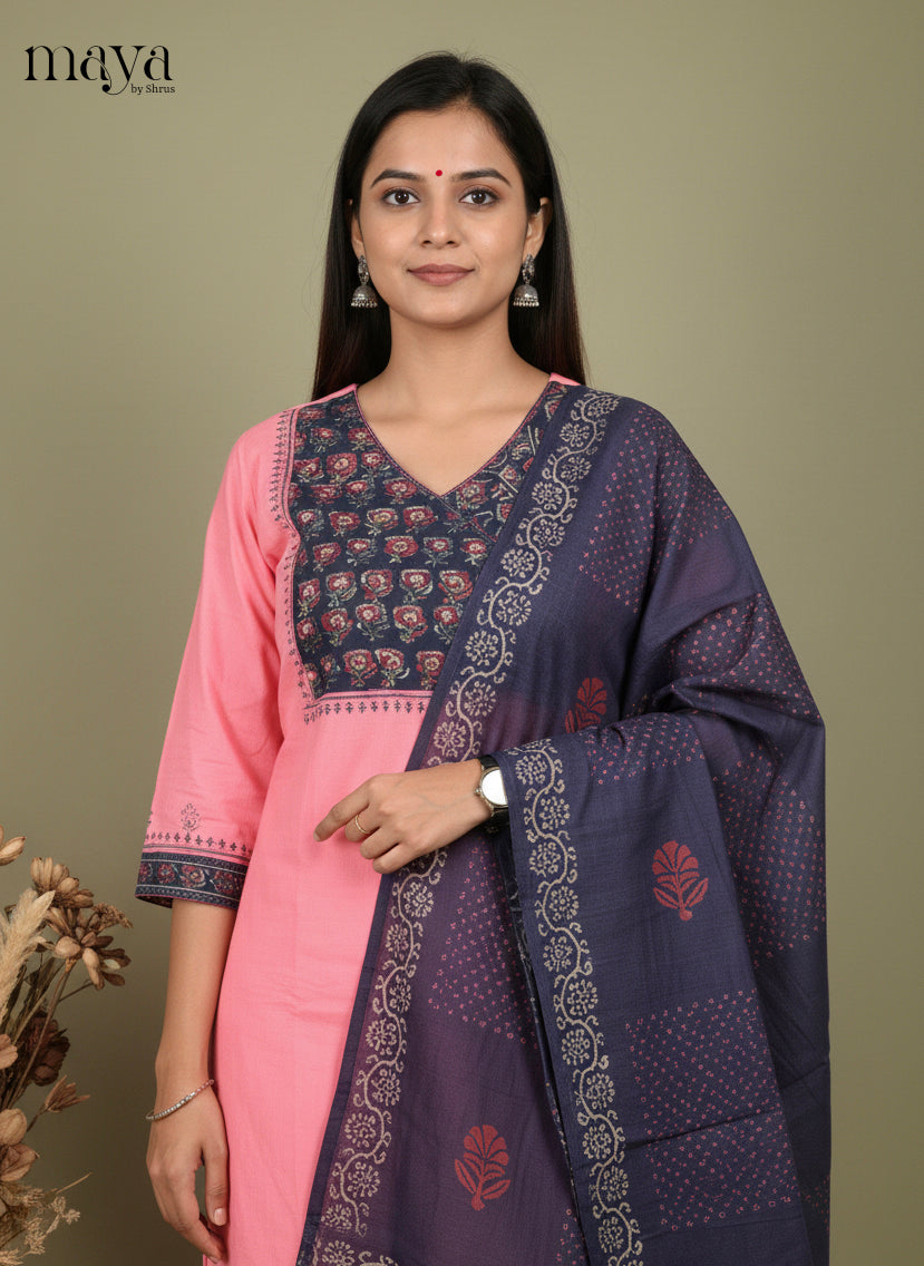 Pink & Blue Ajrakh Printed Readymade 3 Piece Salwar