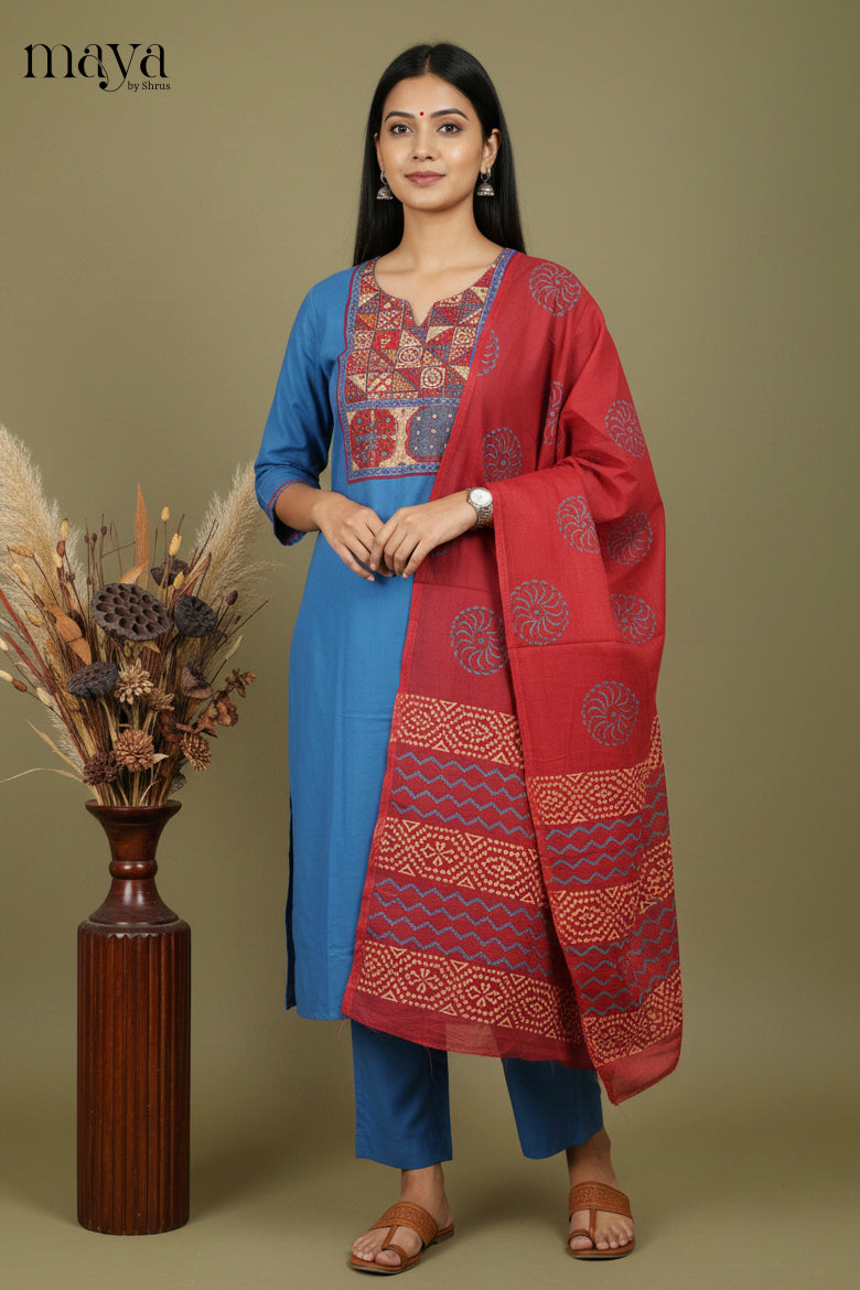 Blue & Maroon Ajrakh Printed Readymade 3 Piece Salwar