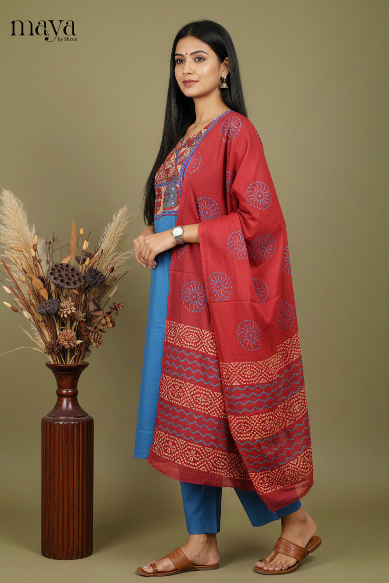 Blue & Maroon Ajrakh Printed Readymade 3 Piece Salwar