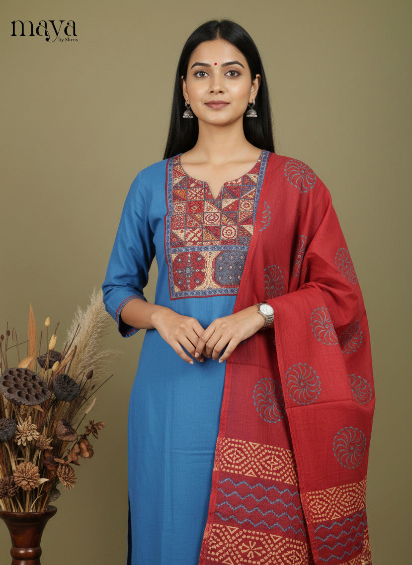 Blue & Maroon Ajrakh Printed Readymade 3 Piece Salwar