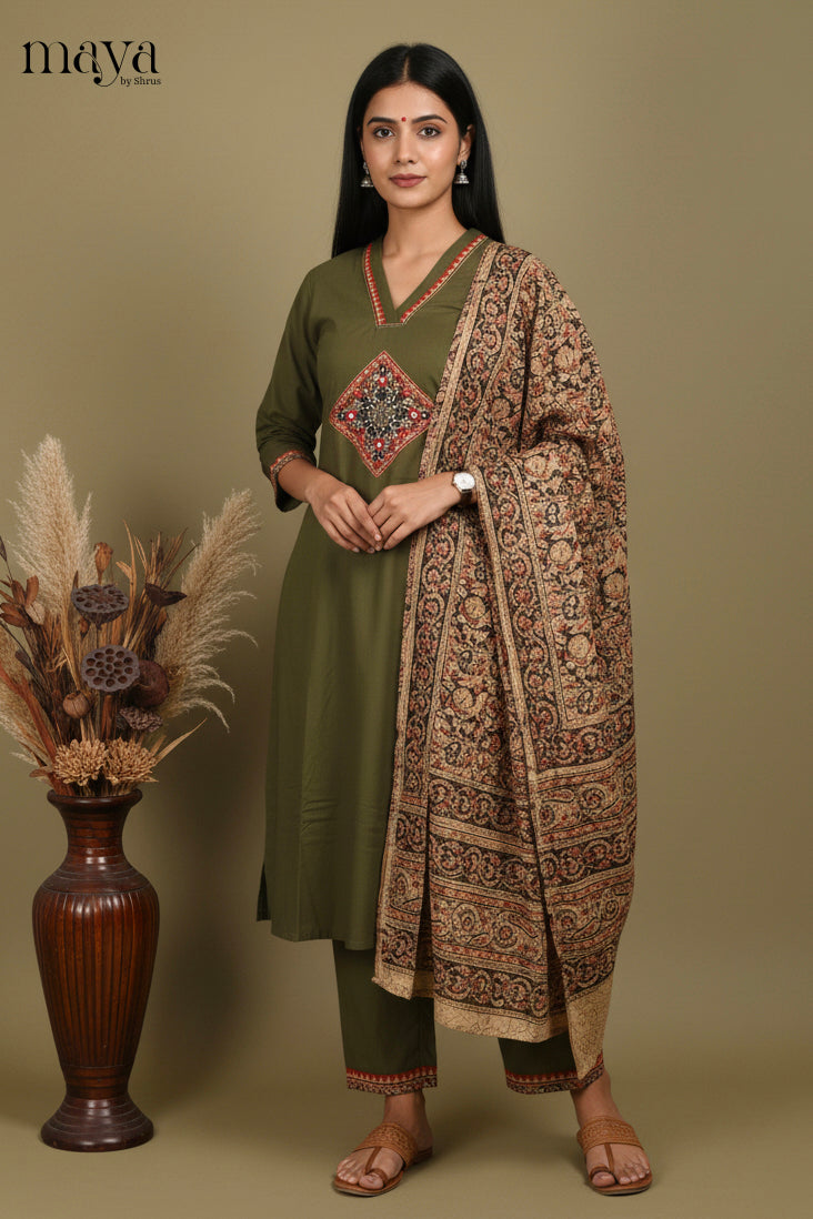 Mehandi Green Ajrakh printed Readymade 3 Piece Salwar