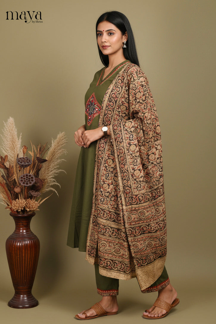 Mehandi Green Ajrakh printed Readymade 3 Piece Salwar