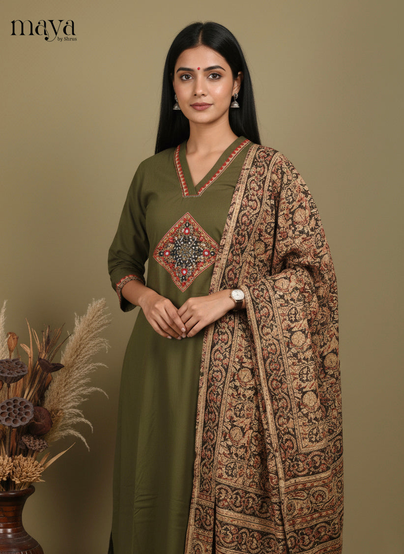 Mehandi Green Ajrakh printed Readymade 3 Piece Salwar