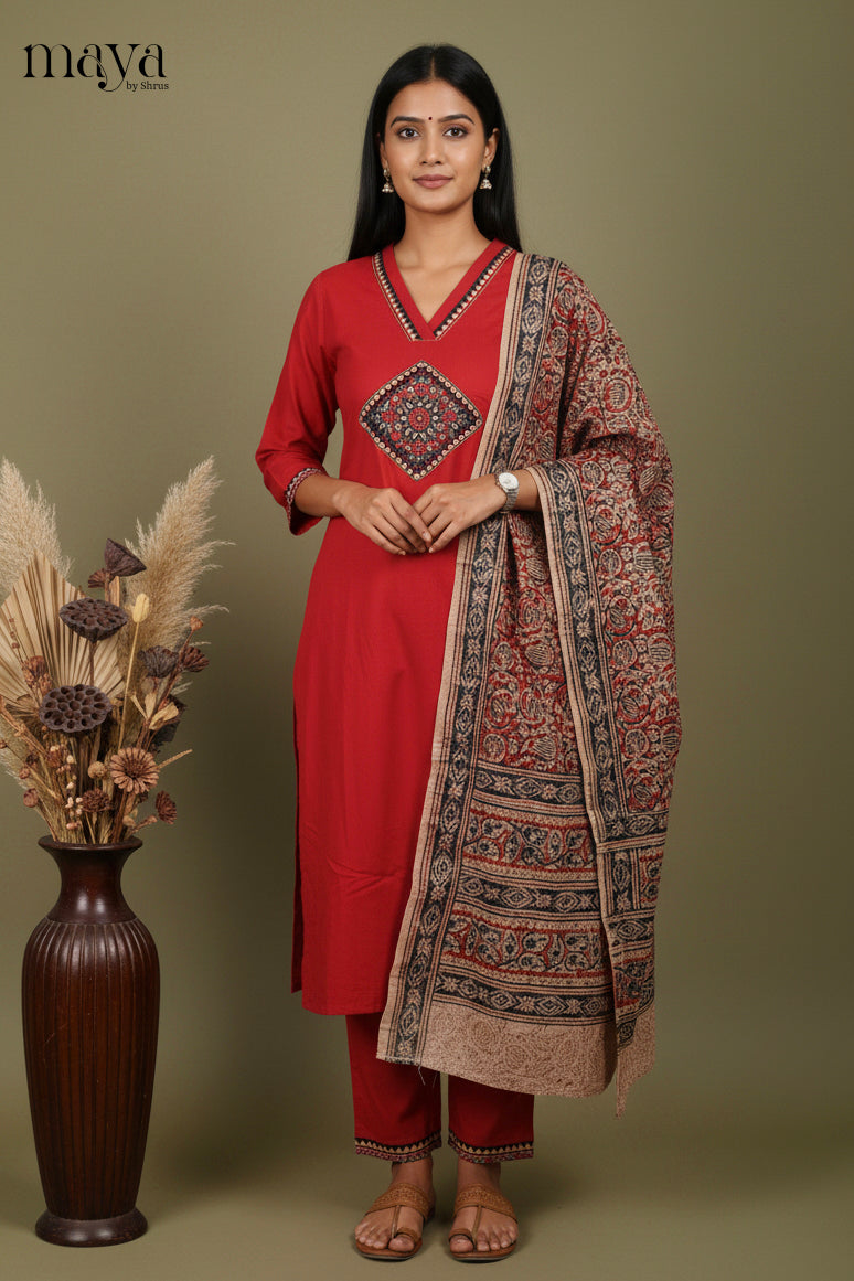 Red Ajrakh Printed Readymade 3 Piece Salwar
