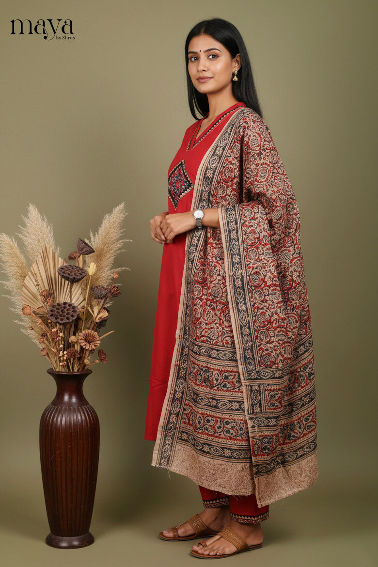 Red Ajrakh Printed Readymade 3 Piece Salwar