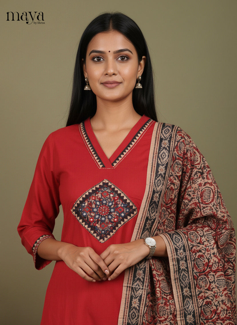 Red Ajrakh Printed Readymade 3 Piece Salwar