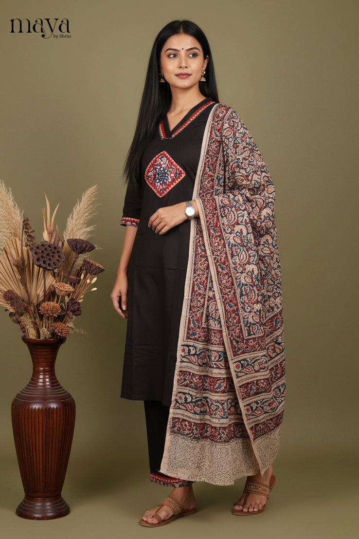 Black Ajrakh Printed Readymade 3 Piece Salwar