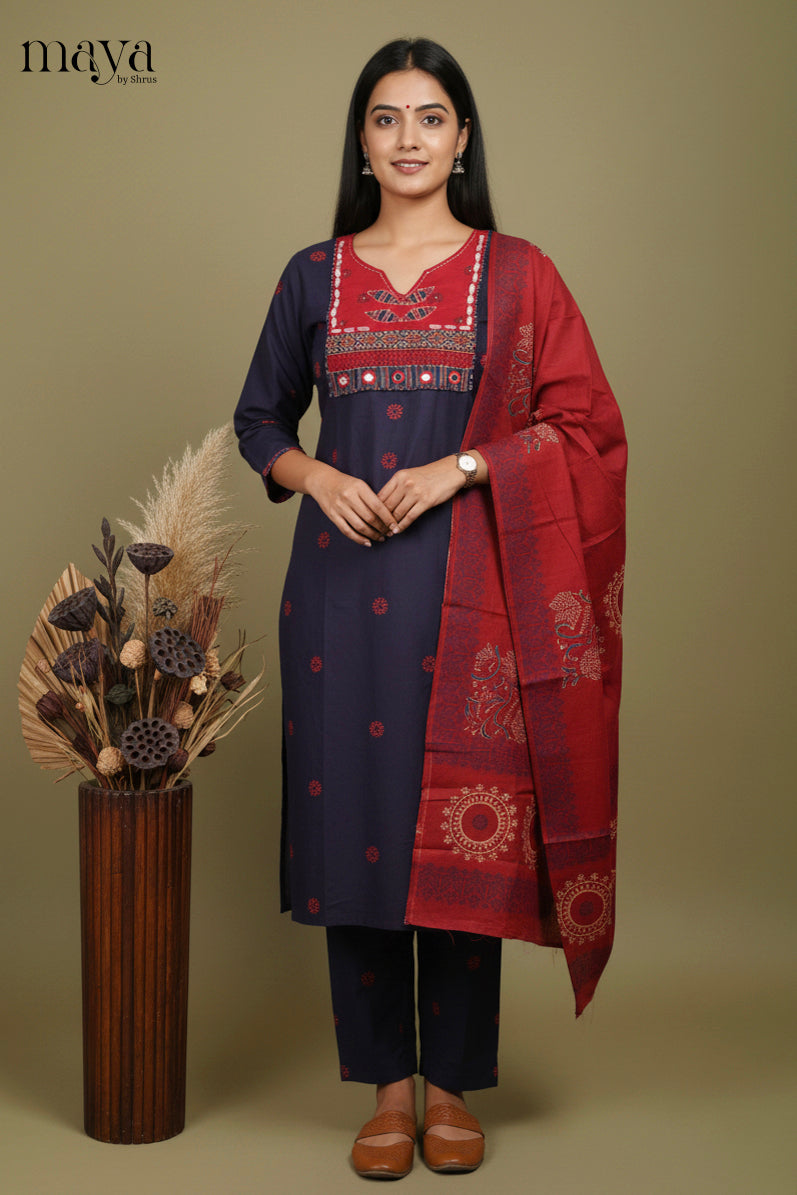 Blue & Red ajrakh printed Readymade 3 Piece Salwar