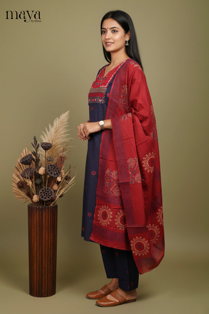 Blue & Red ajrakh printed Readymade 3 Piece Salwar