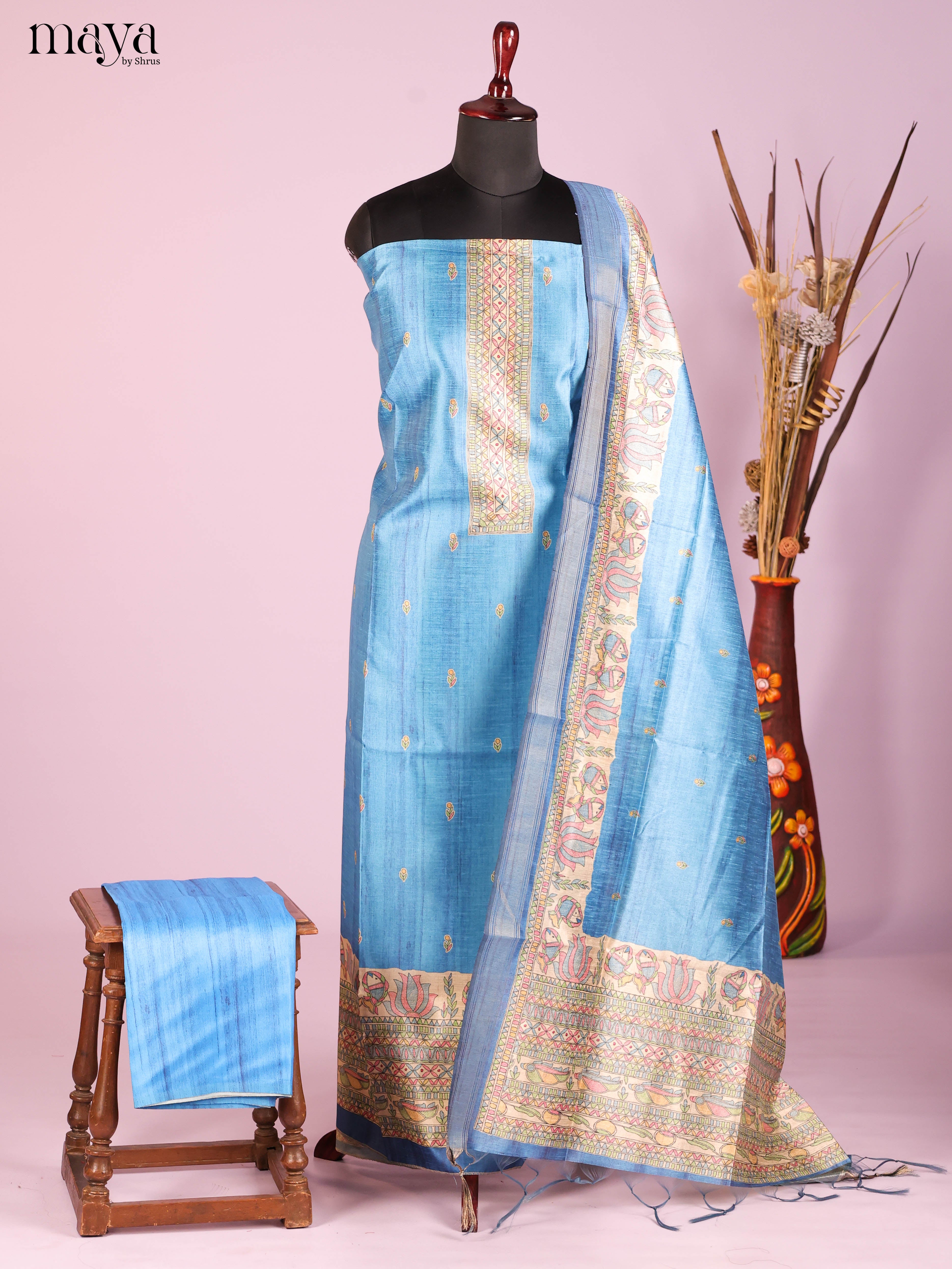 Blue-Semi Tussar Salwar Unstitch