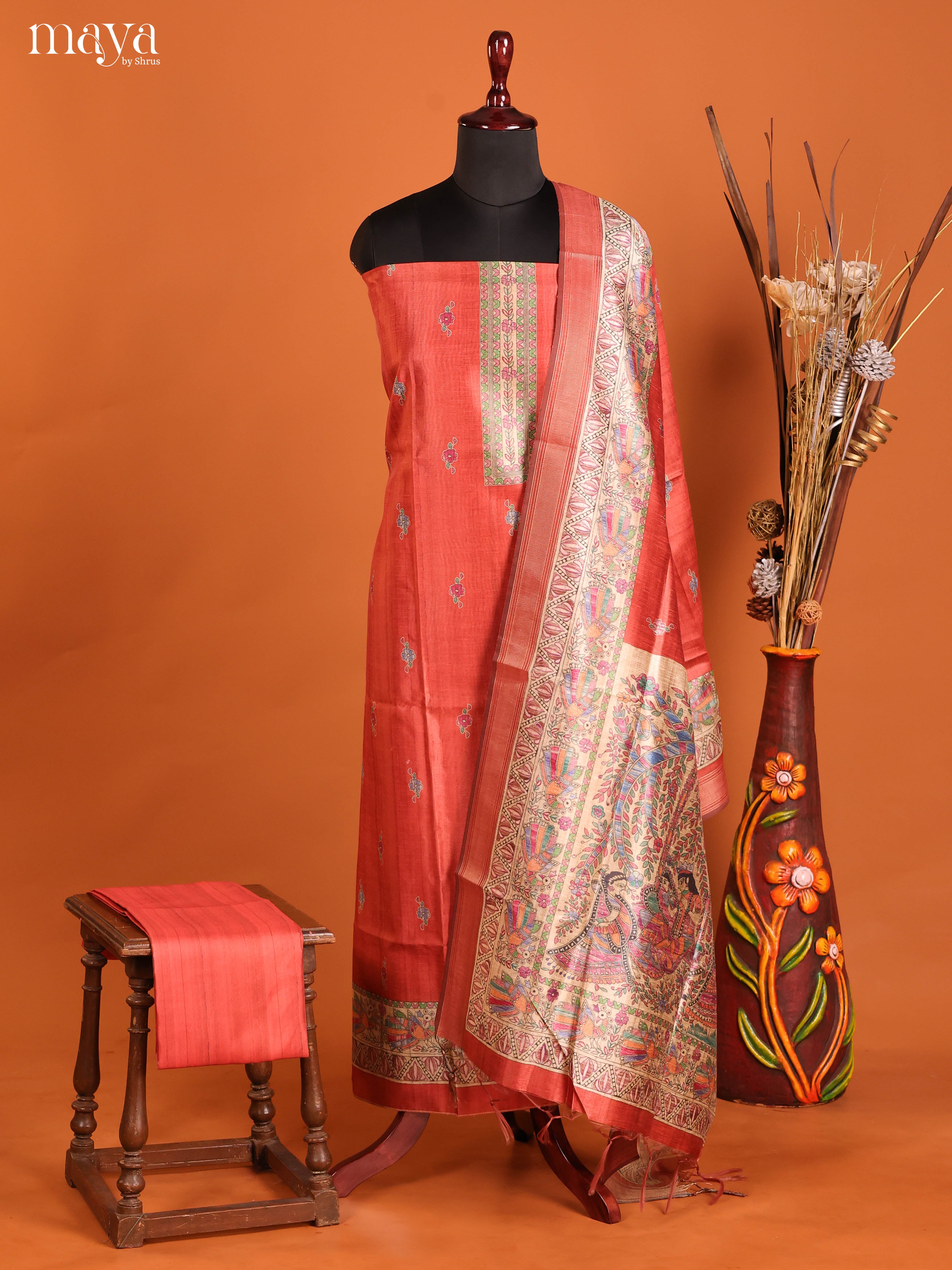 Red -Semi Tussar Salwar Unstitch
