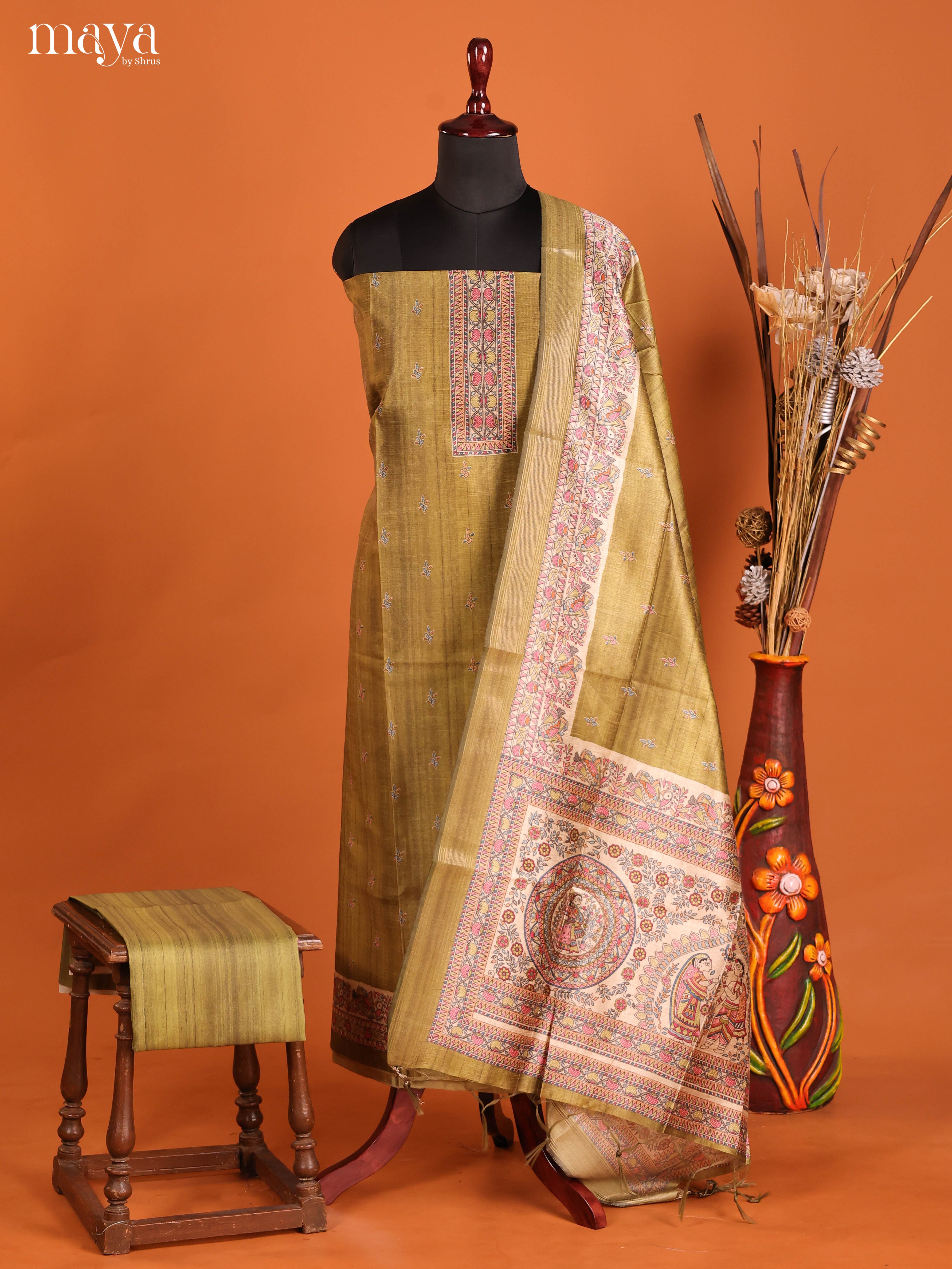 Green -Semi Tussar Salwar Unstitch