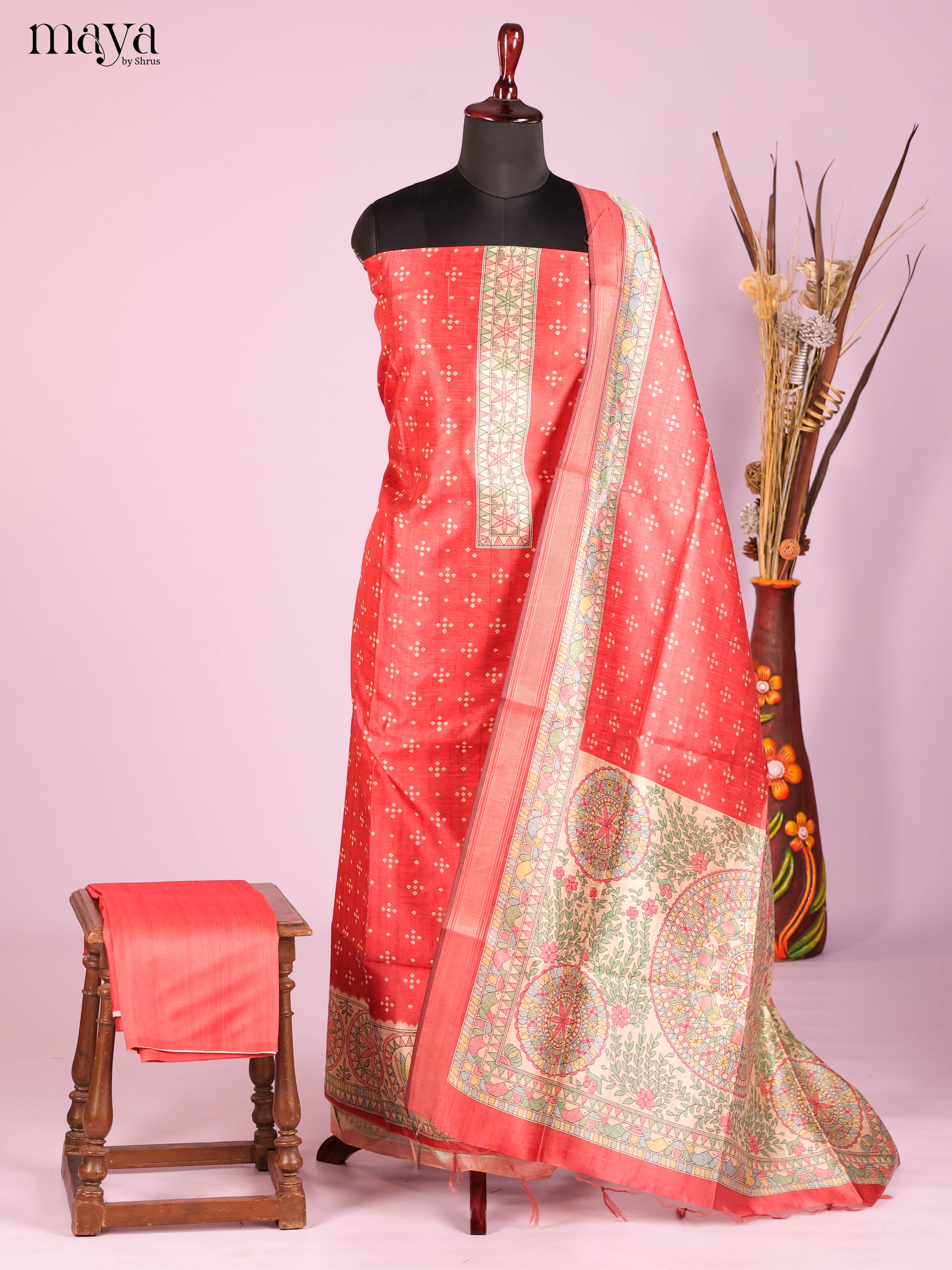 Red-Semi Tussar Salwar Unstitch