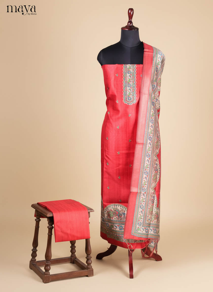 Red-Semi Tussar Salwar Unstitch