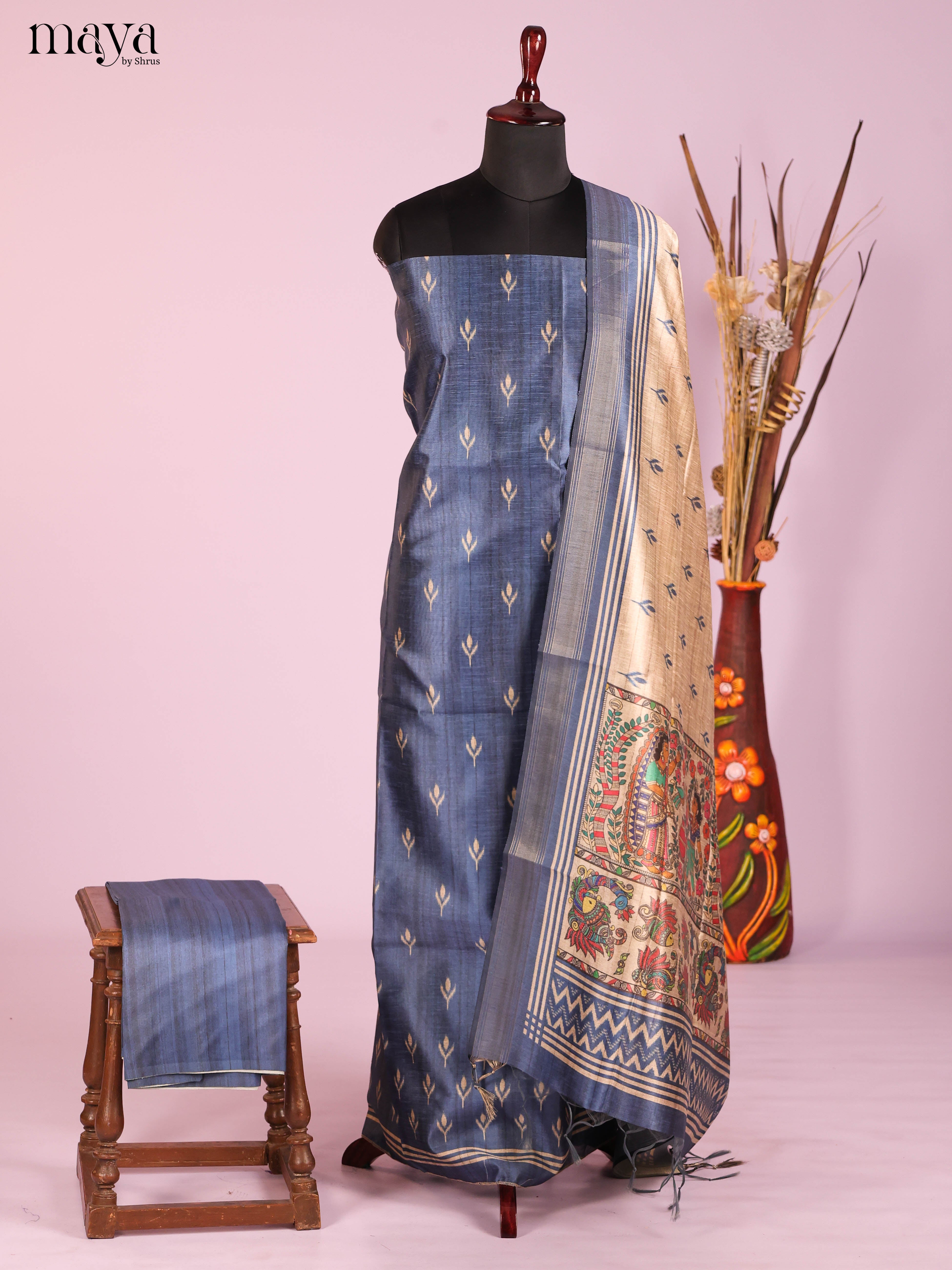 Blue & Cream-Semi Tussar Salwar Unstitch