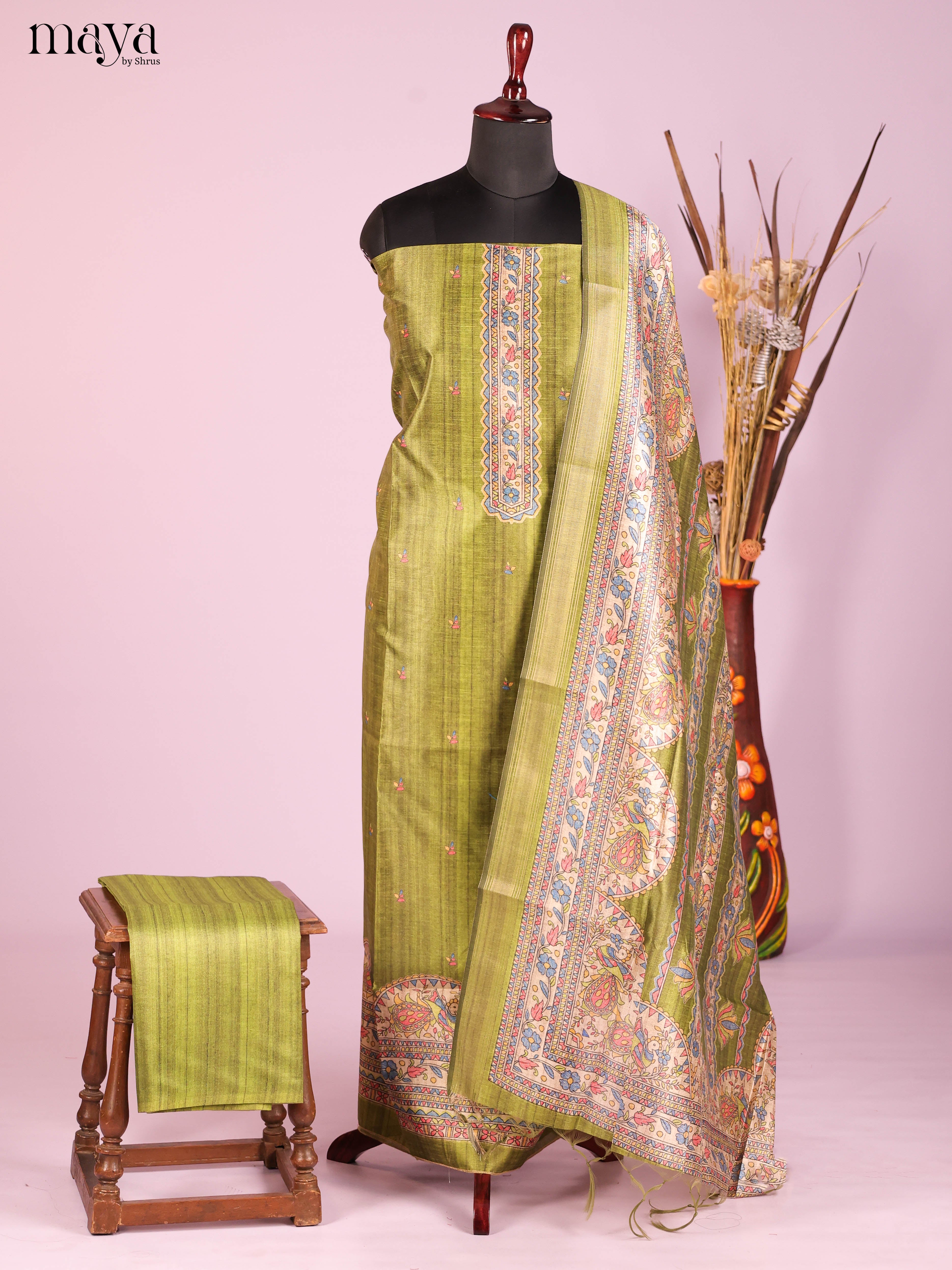 Green -Semi Tussar Salwar Unstitch