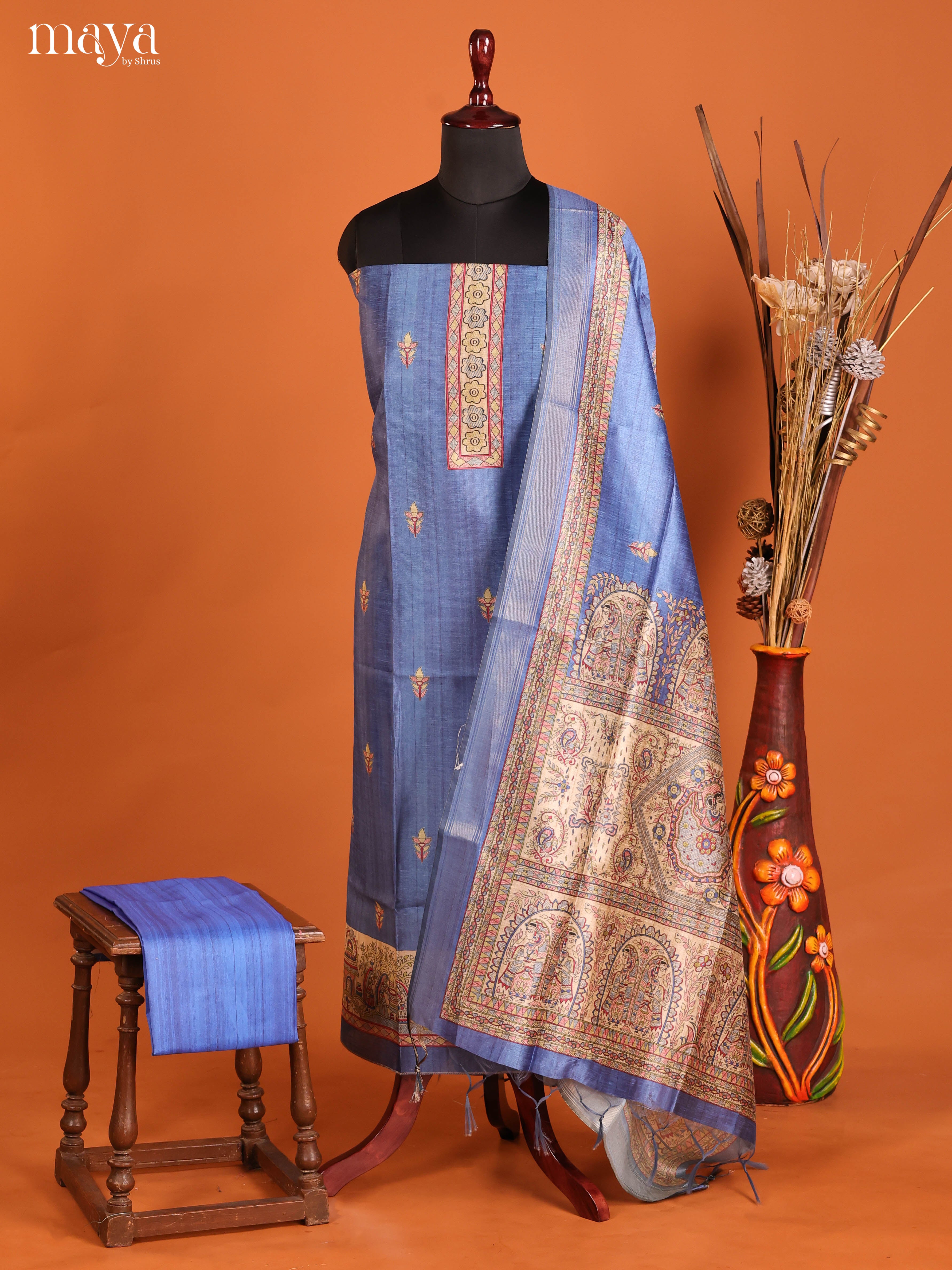 Blue-Semi Tussar Salwar Unstitch