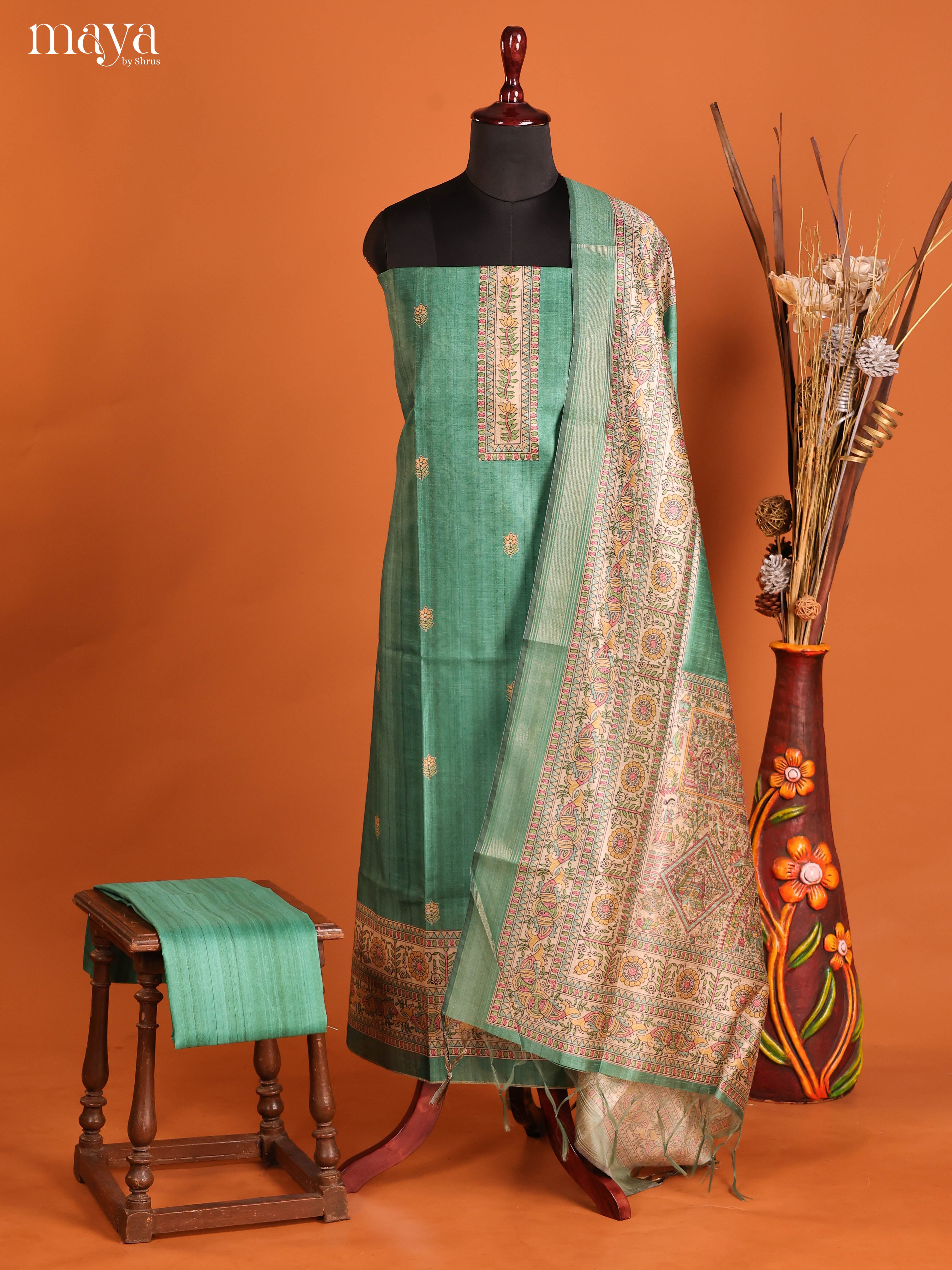 Green -Semi Tussar Salwar Unstitch
