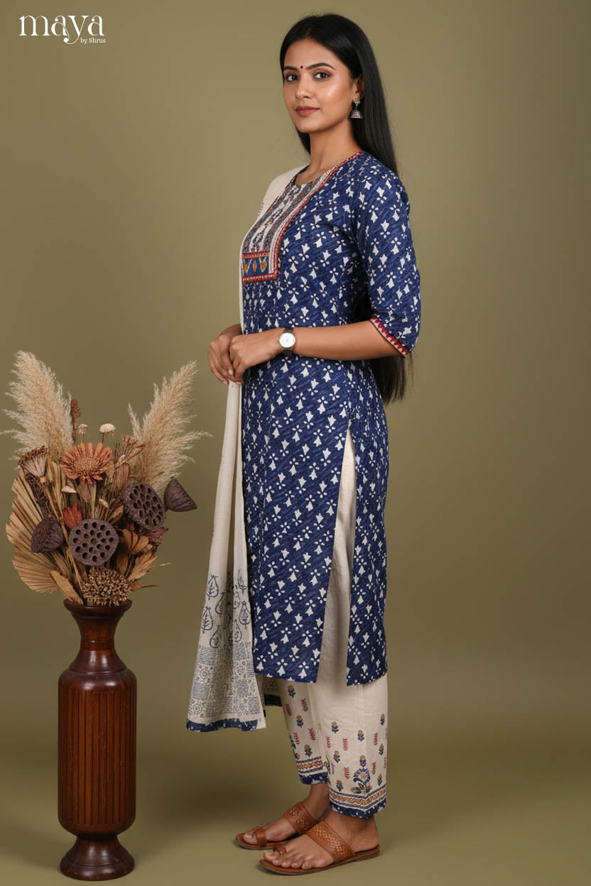 Blue & White - floral block printed Readymade 3 Piece