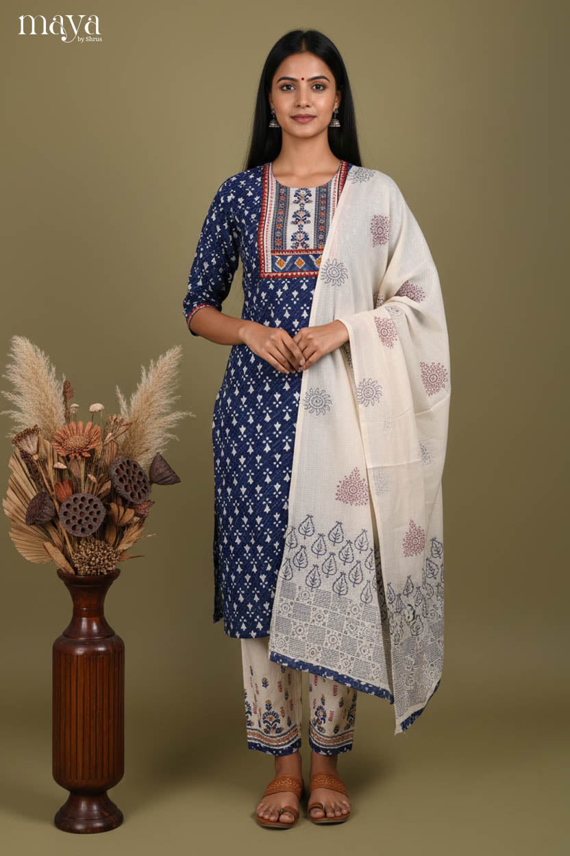 Blue & White - floral block printed Readymade 3 Piece