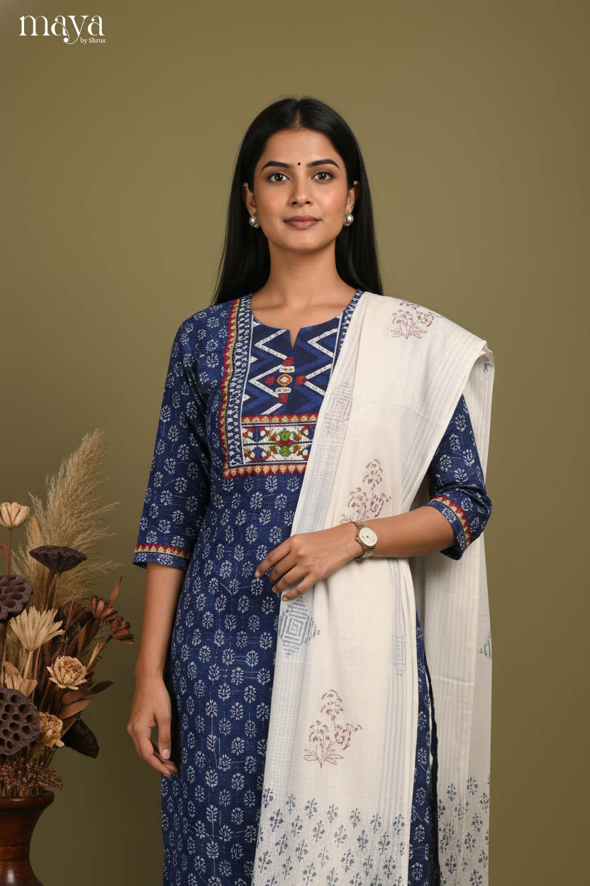 Blue & White- floral printed Readymade 3 Piece