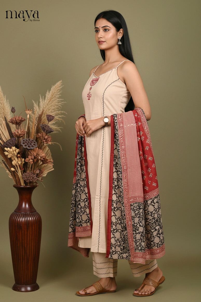 Cream & Red -Readymade 3 Piece