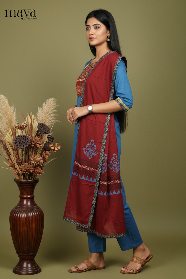 Blue & Maroon-Readymade 3 Piece