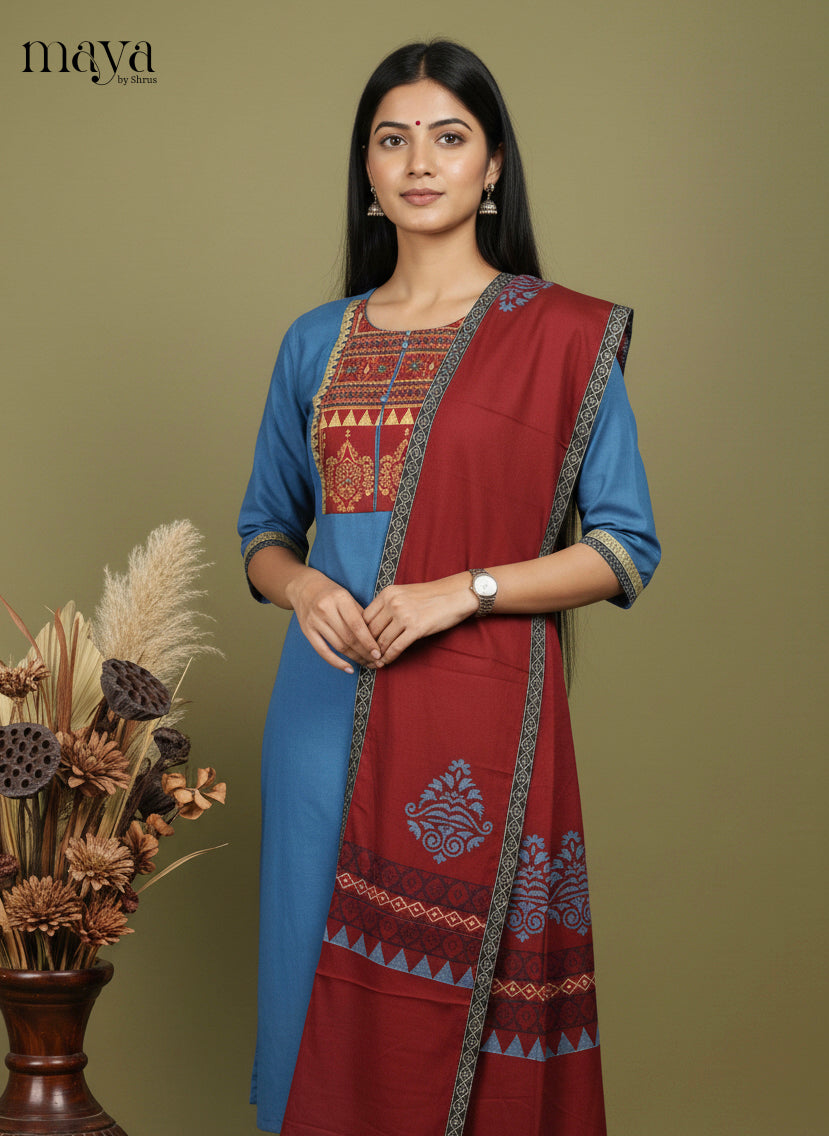 Blue & Maroon-Readymade 3 Piece