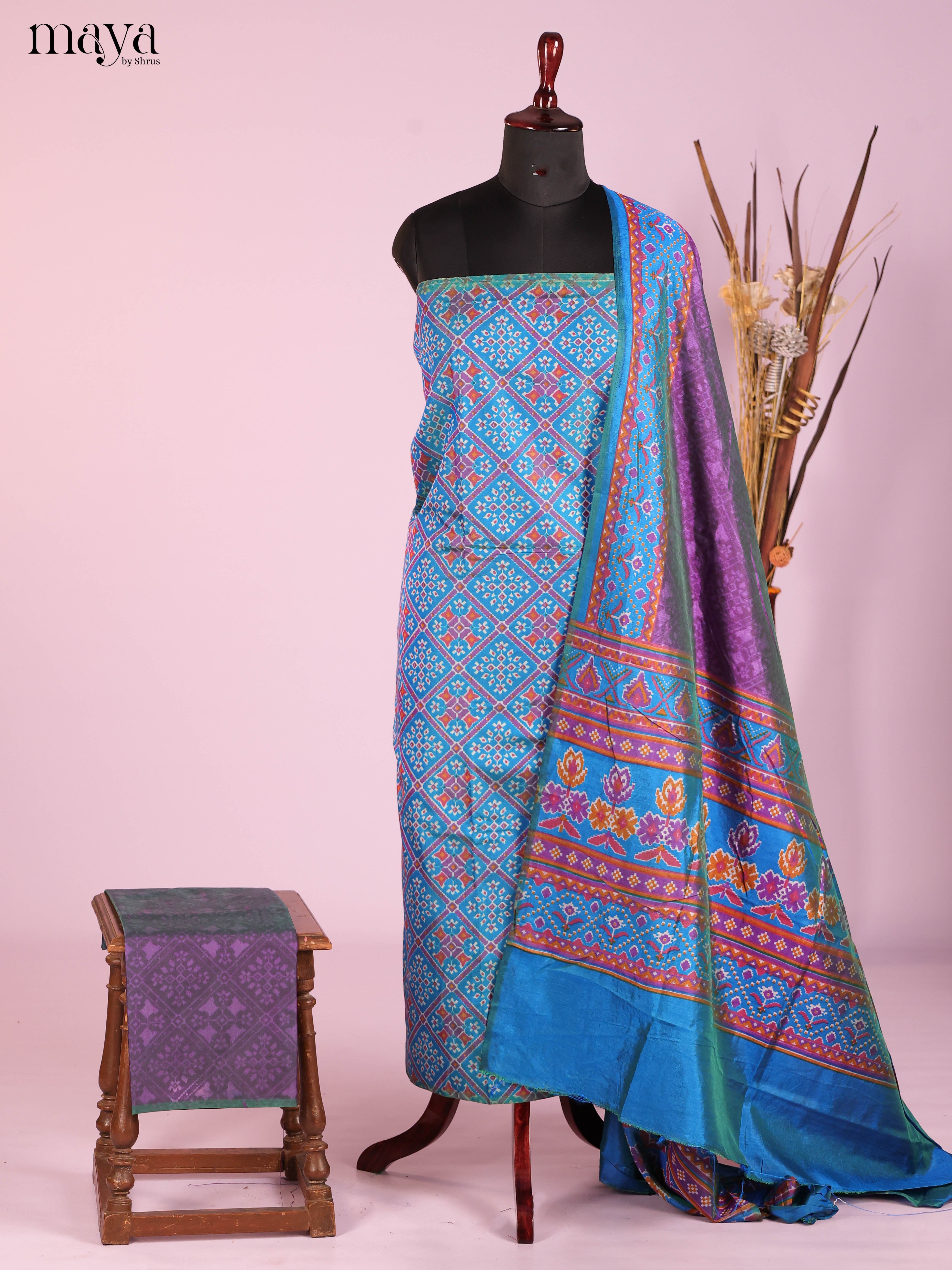 Blue & Purple-Semi patola salwar unstitch